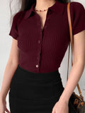 SGW Maroon Front Full Button Rib Knit Tee - Half Sleeves