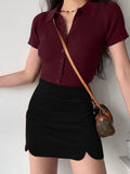 SGW Maroon Front Full Button Rib Knit Tee - Half Sleeves