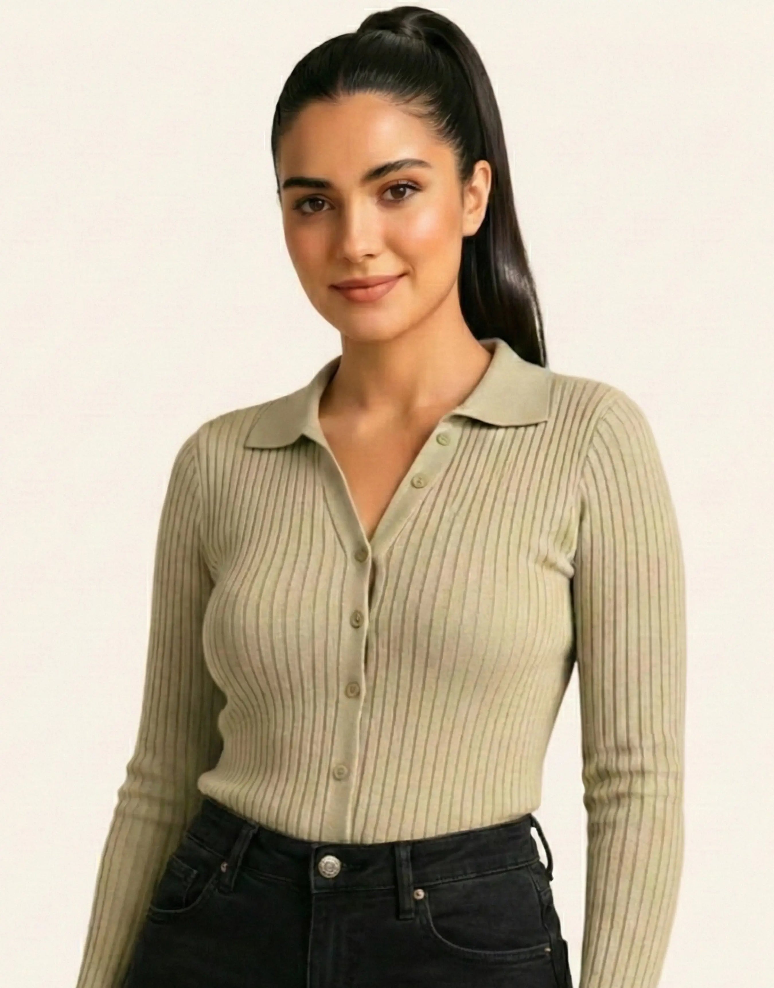 SGW Beige V-Neck Knit Shirt Full Button - Full Sleeves - SelectGraceWear