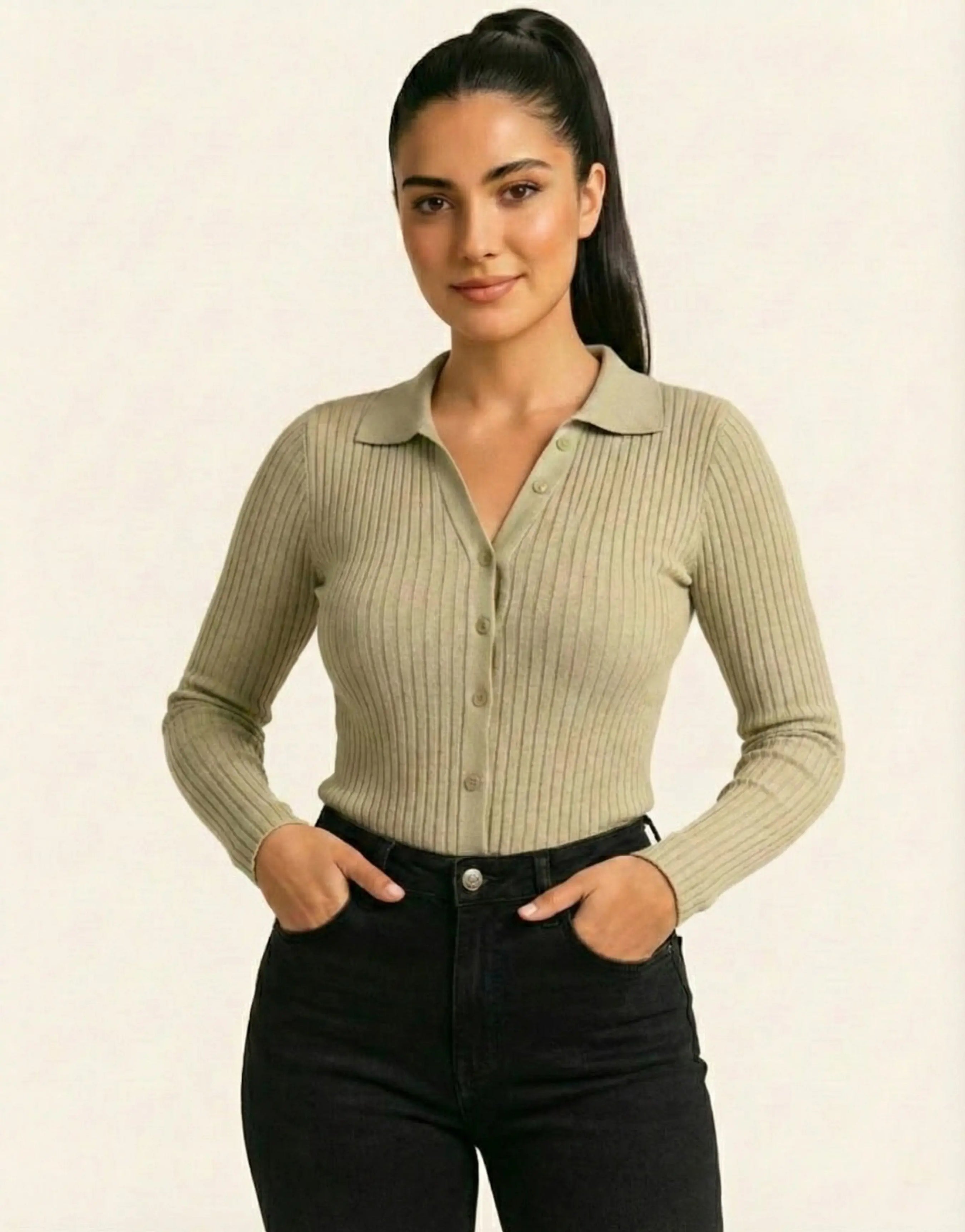 SGW Beige V-Neck Knit Shirt Full Button - Full Sleeves - SelectGraceWear