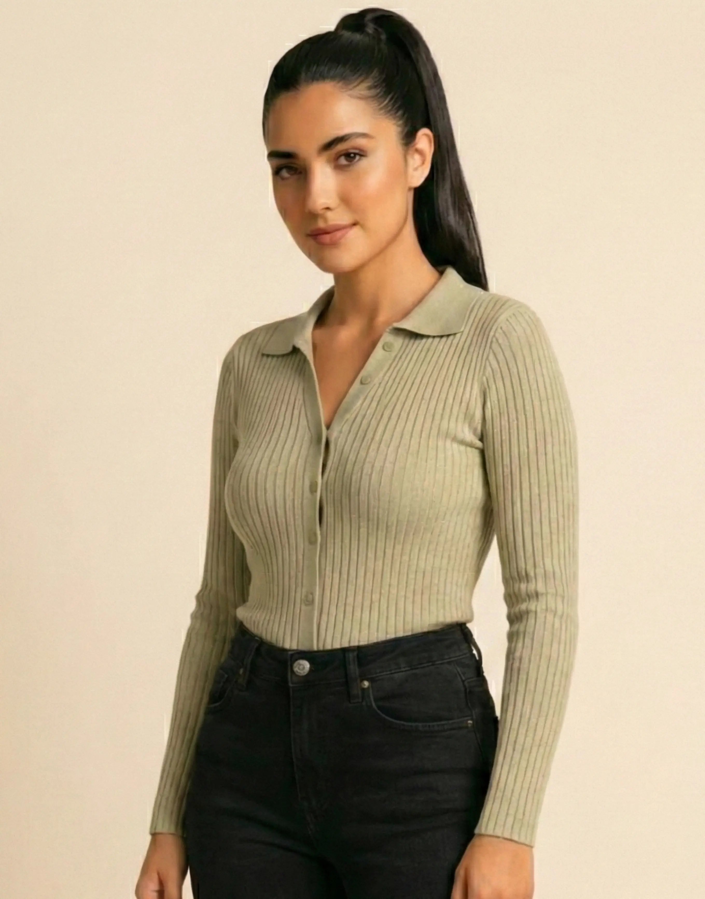 SGW Beige V-Neck Knit Shirt Full Button - Full Sleeves - SelectGraceWear