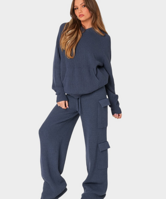 SGW - Navy Blue Double Pocket Wide Leg Cargo Trouser - SelectGraceWear