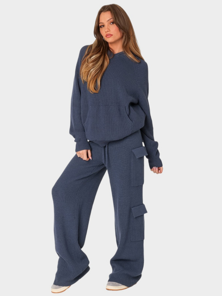 SGW - Navy Blue Double Pocket Wide Leg Cargo Trouser - SelectGraceWear