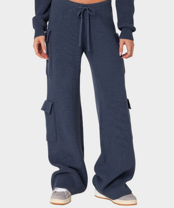 SGW - Navy Blue Double Pocket Wide Leg Cargo Trouser - SelectGraceWear