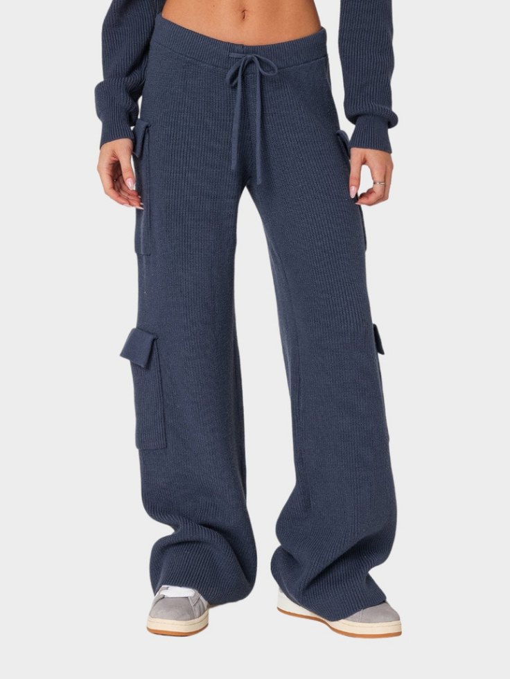 SGW - Navy Blue Double Pocket Wide Leg Cargo Trouser - SelectGraceWear