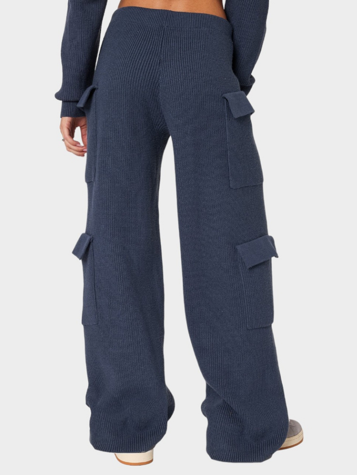 SGW - Navy Blue Double Pocket Wide Leg Cargo Trouser - SelectGraceWear
