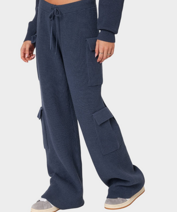 SGW - Navy Blue Double Pocket Wide Leg Cargo Trouser - SelectGraceWear