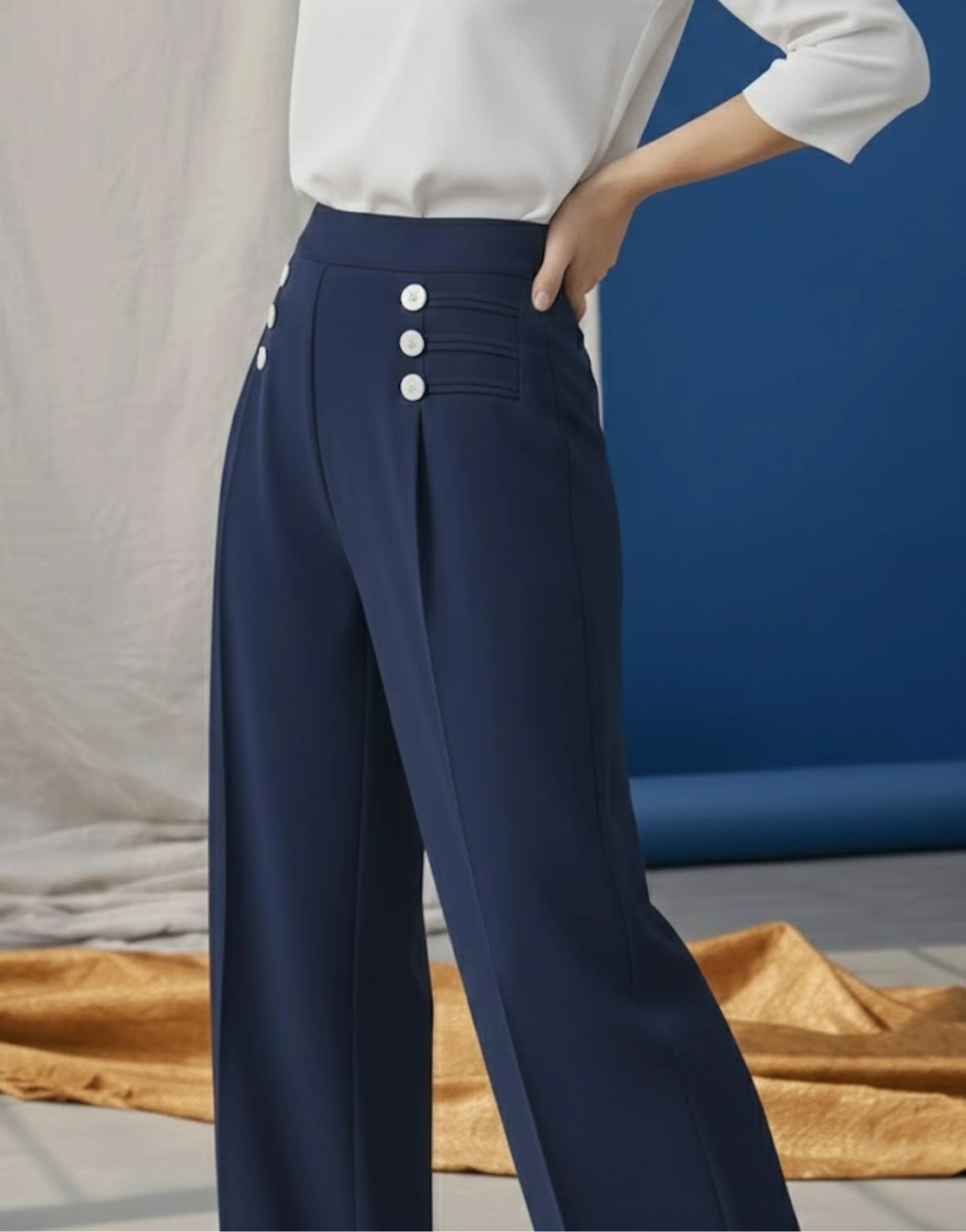 SGW Navy High-Rise Long Trousers with Metallic Buttons - SelectGraceWear