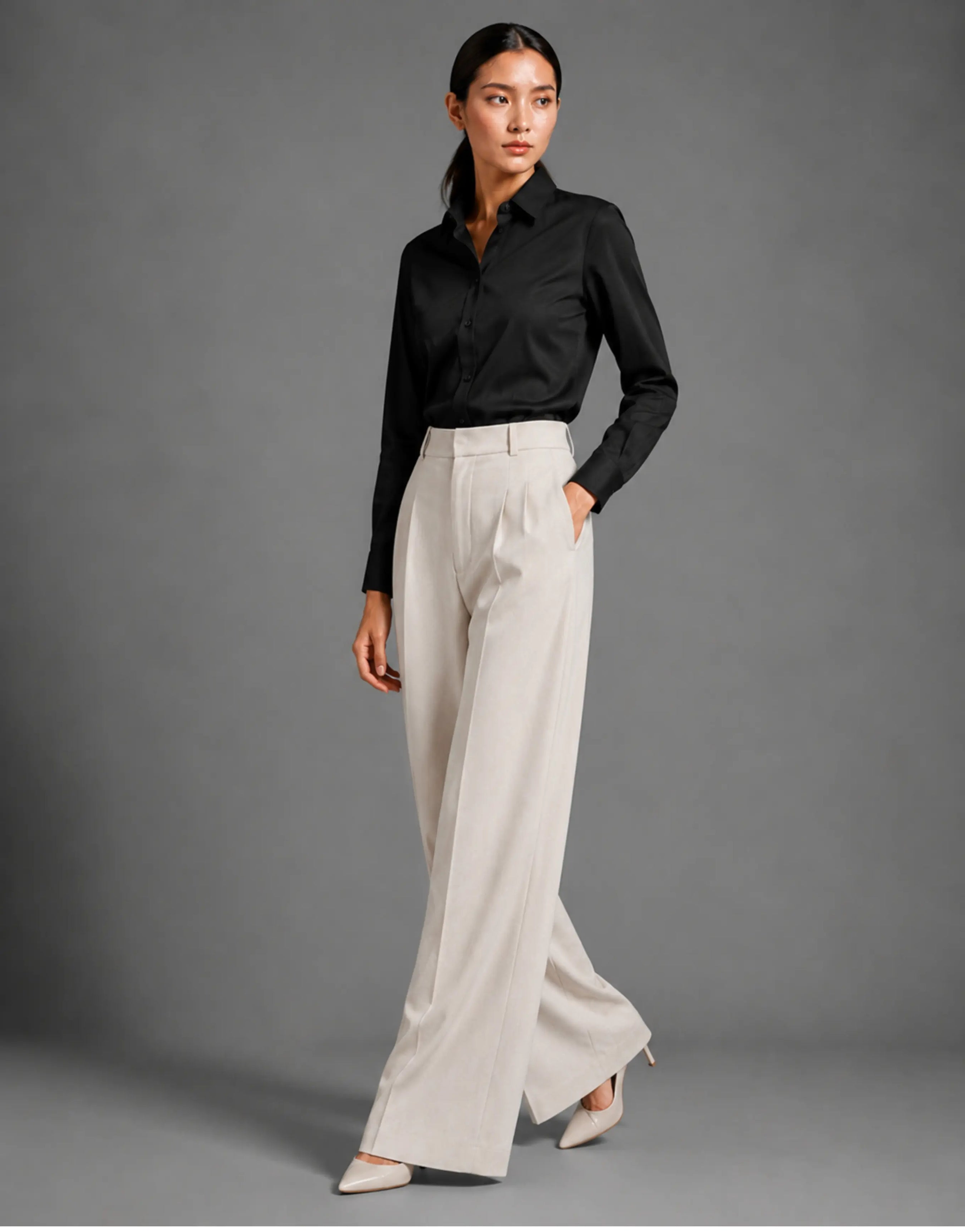 SGW Off White Tailored Wide-Leg Pants with Elastic Back Belt - SelectGraceWear