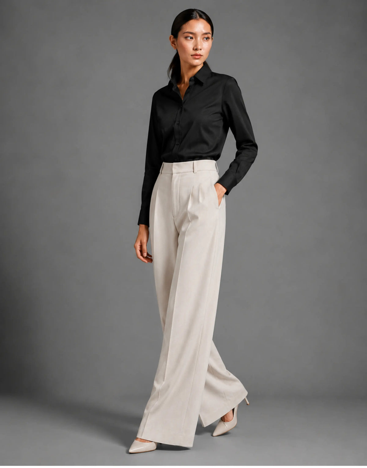 SGW Off White Tailored Wide-Leg Pants with Elastic Back Belt - SelectGraceWear