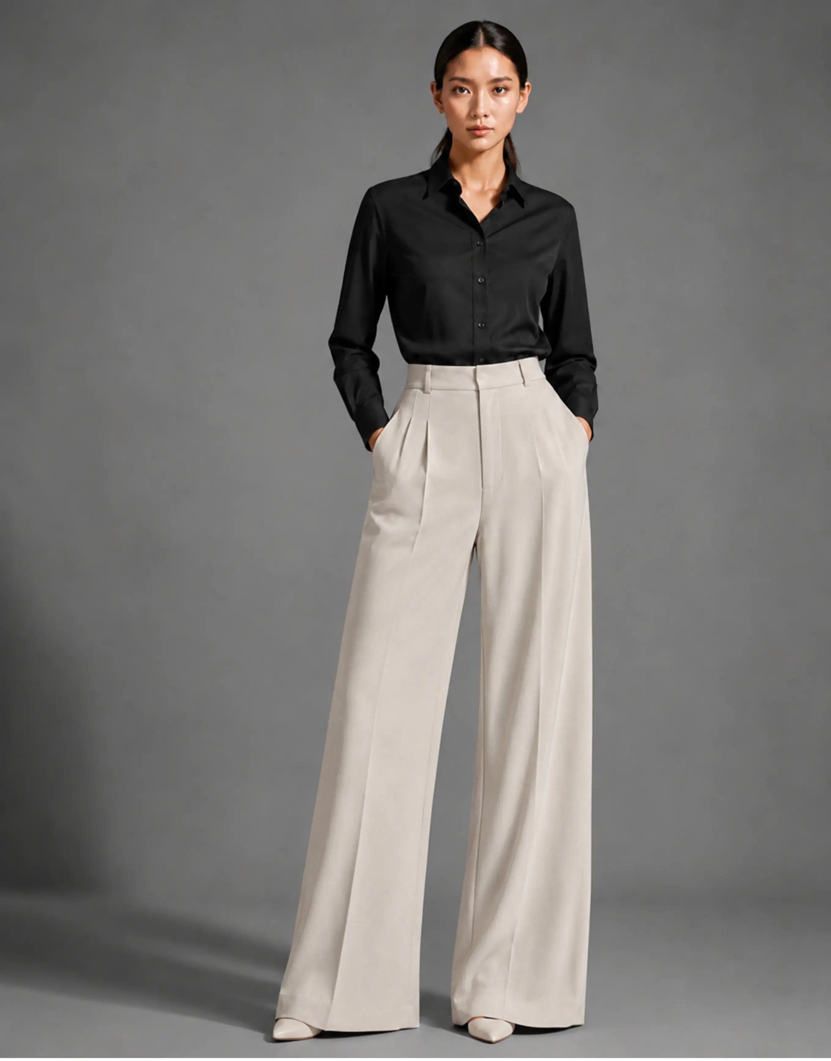 SGW Off White Tailored Wide-Leg Pants with Elastic Back Belt - SelectGraceWear