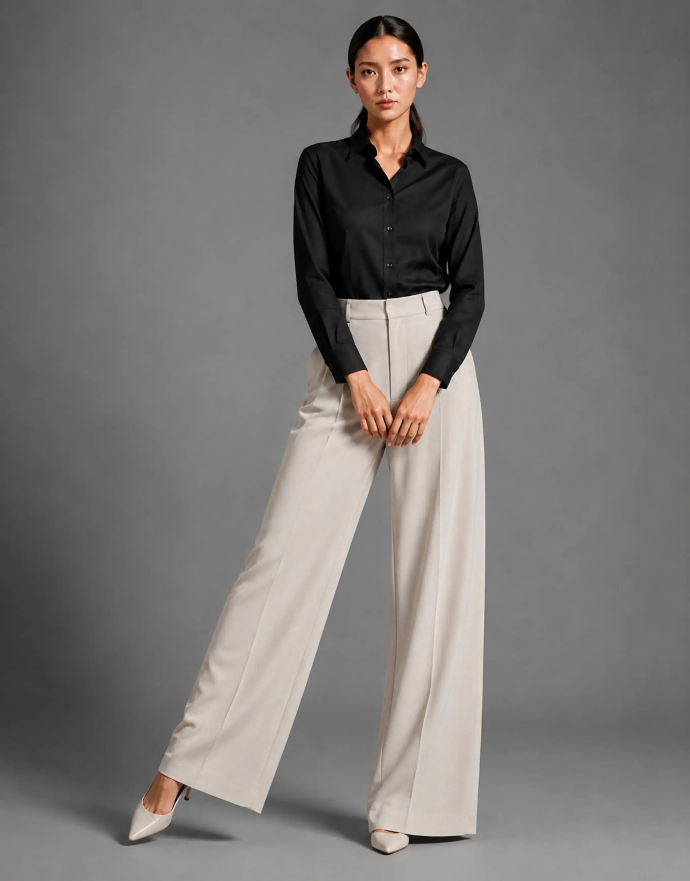 SGW Off White Tailored Wide-Leg Pants with Elastic Back Belt - SelectGraceWear