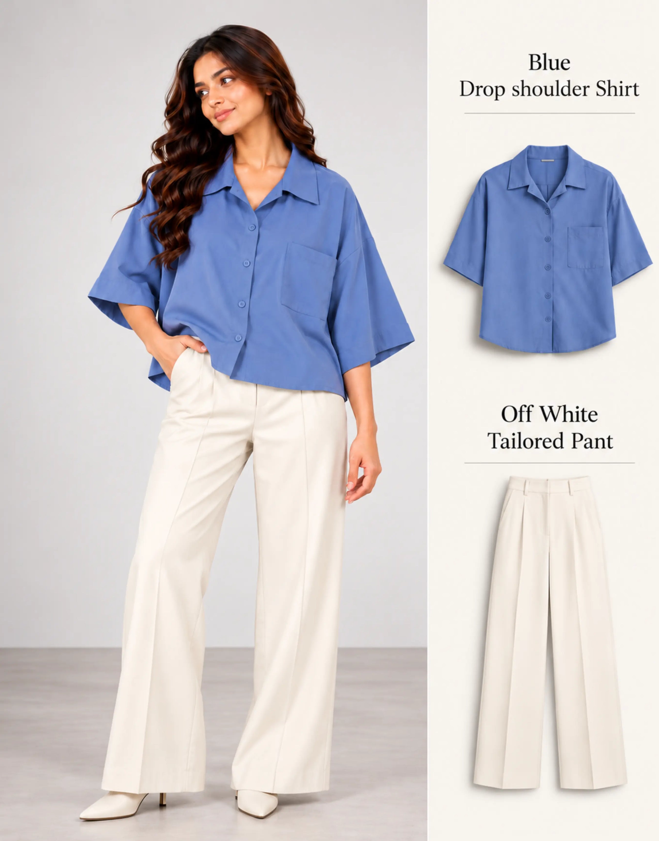 SGW Blue Drop Shoulder Shirt & Off-White Tailored Wide-Leg Pants