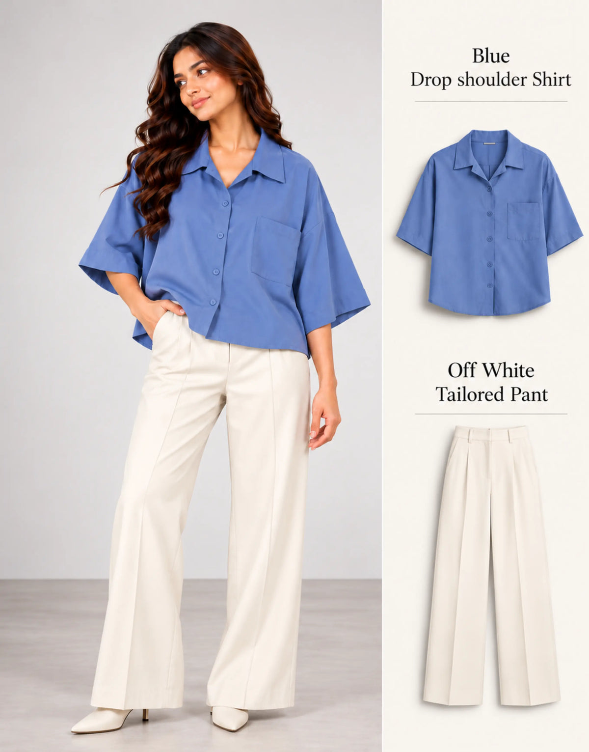 SGW Blue Drop Shoulder Shirt & Off-White Tailored Wide-Leg Pants
