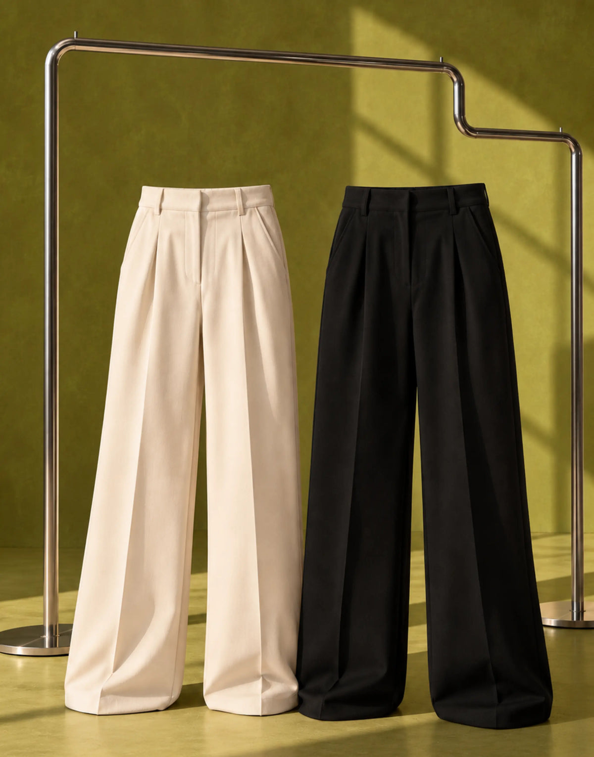 SGW Off-White & Black Tailored Wide-Leg Pants with Elastic Back Belt