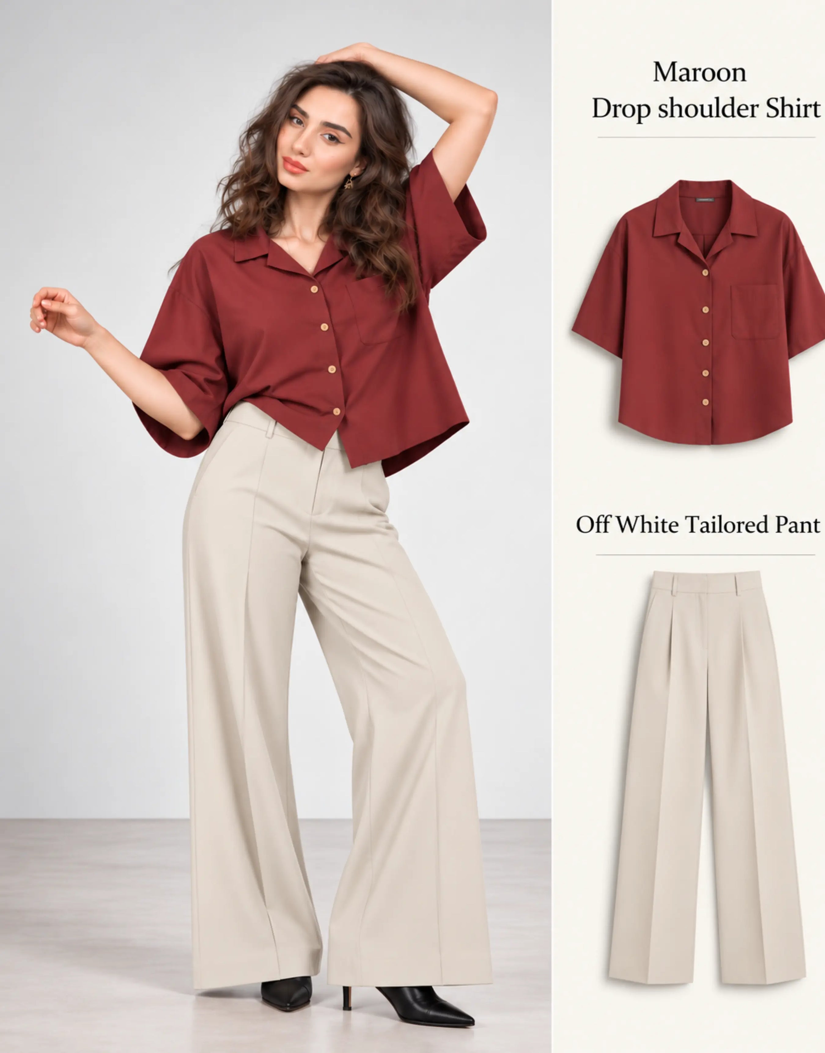 SGW Maroon Drop Shoulder Shirt & Off White Tailored Wide-Leg Pants