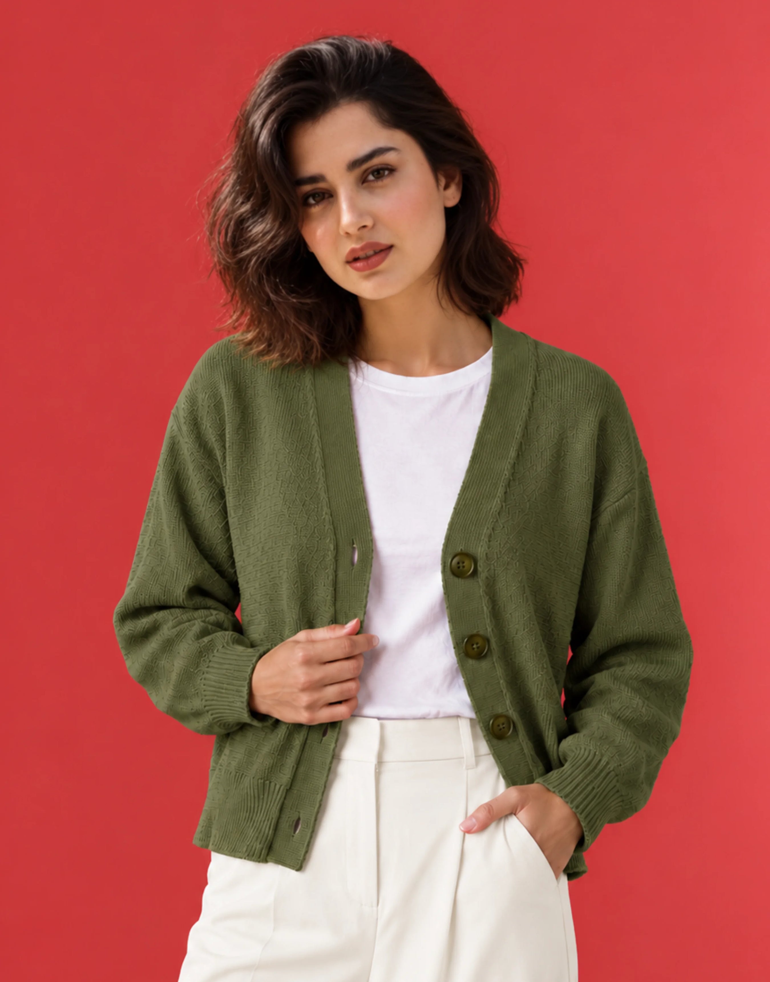 SGW Olive Green Women’s Cropped V-Neck Cardigan