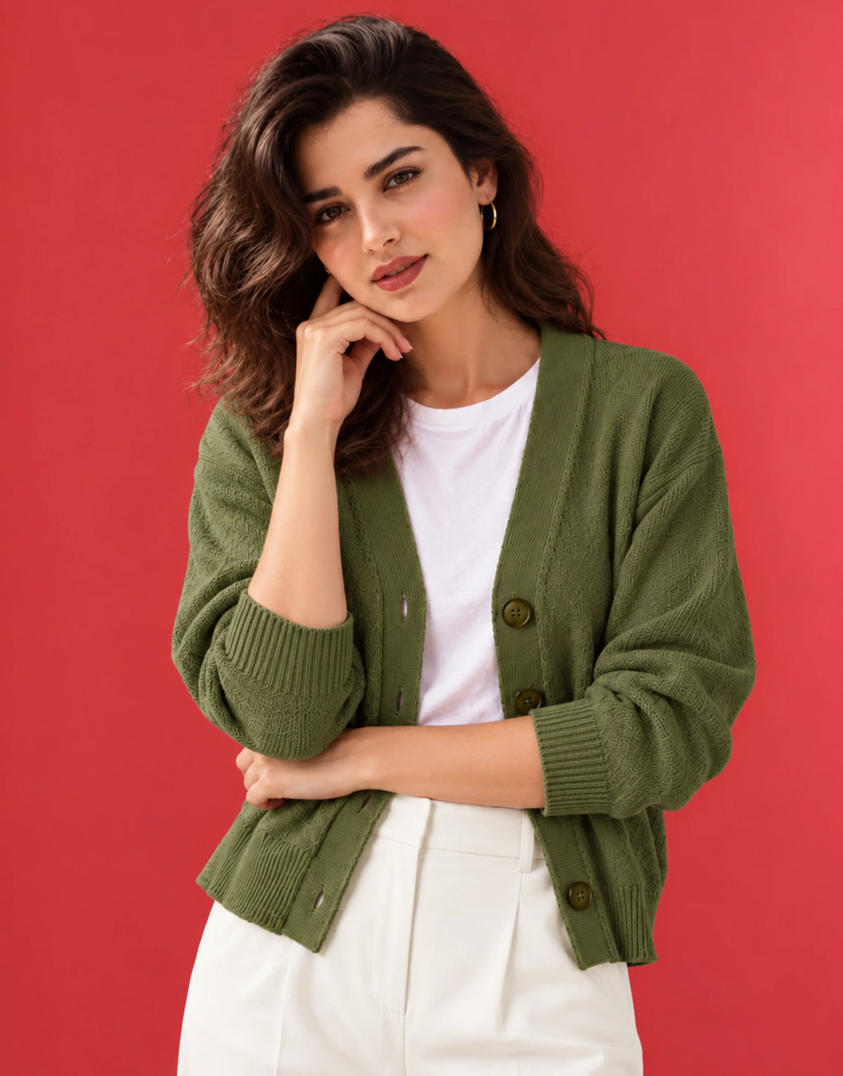 SGW Olive Green Women’s Cropped V-Neck Cardigan