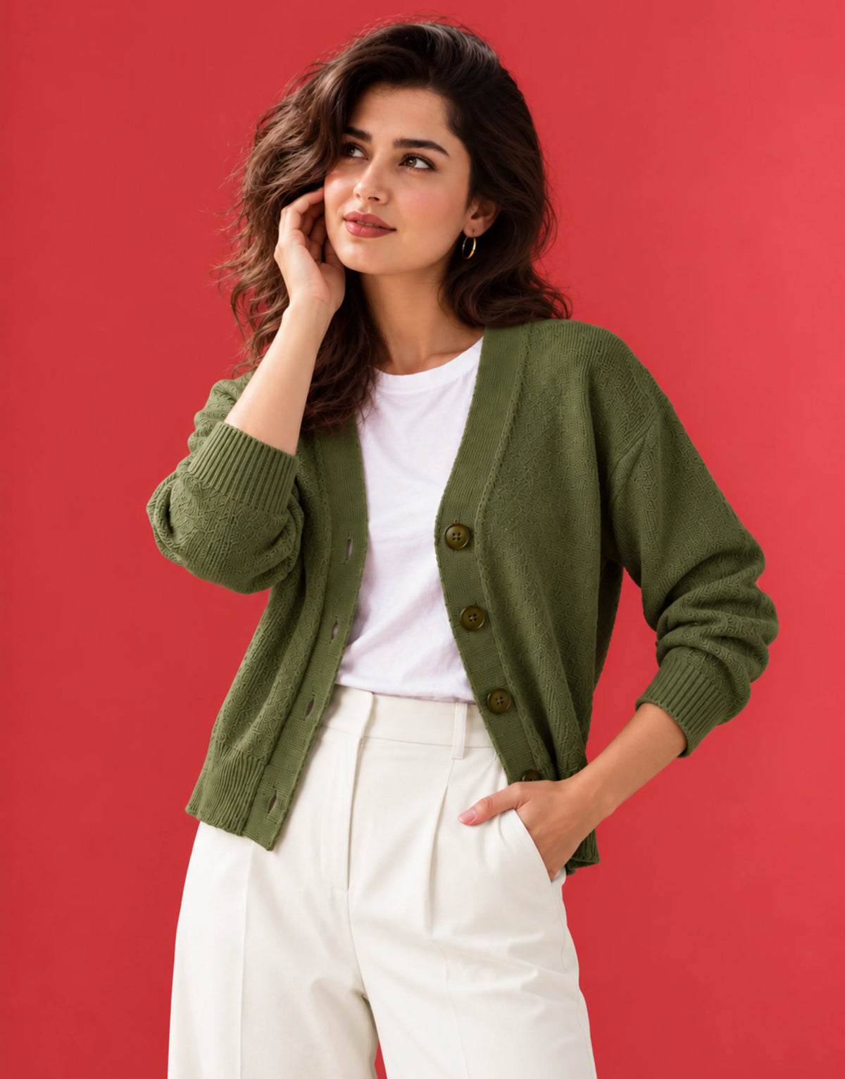 SGW Olive Green Women’s Cropped V-Neck Cardigan