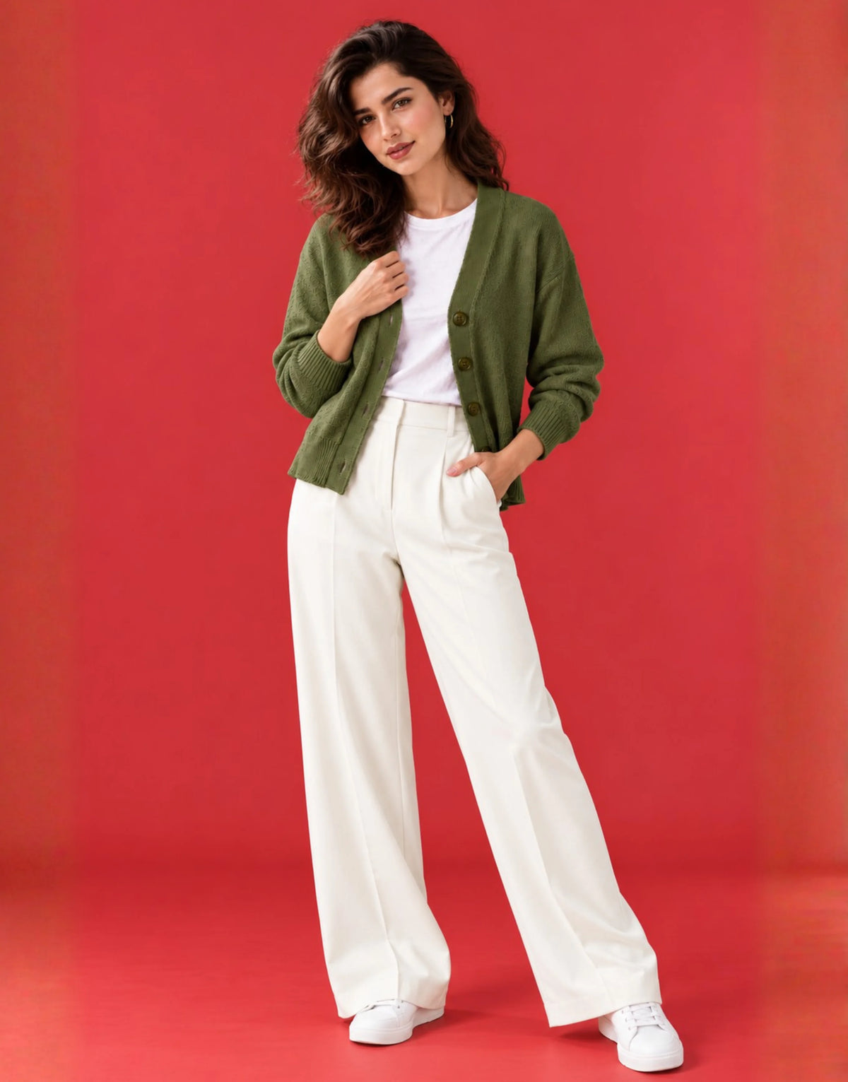 SGW Olive Green Women’s Cropped V-Neck Cardigan