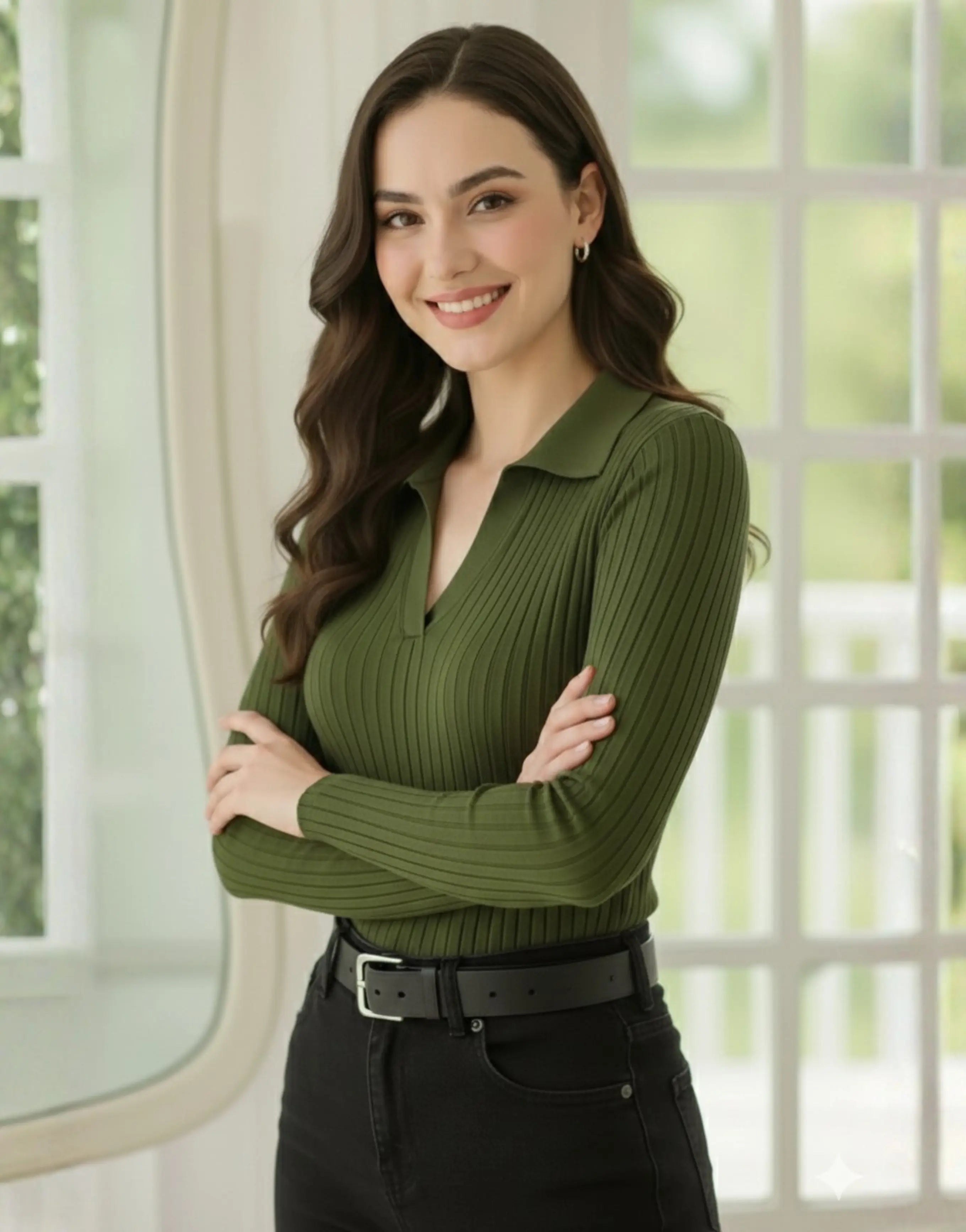 SWG Olive Green Ribbed Knit Polo - Full Sleeves