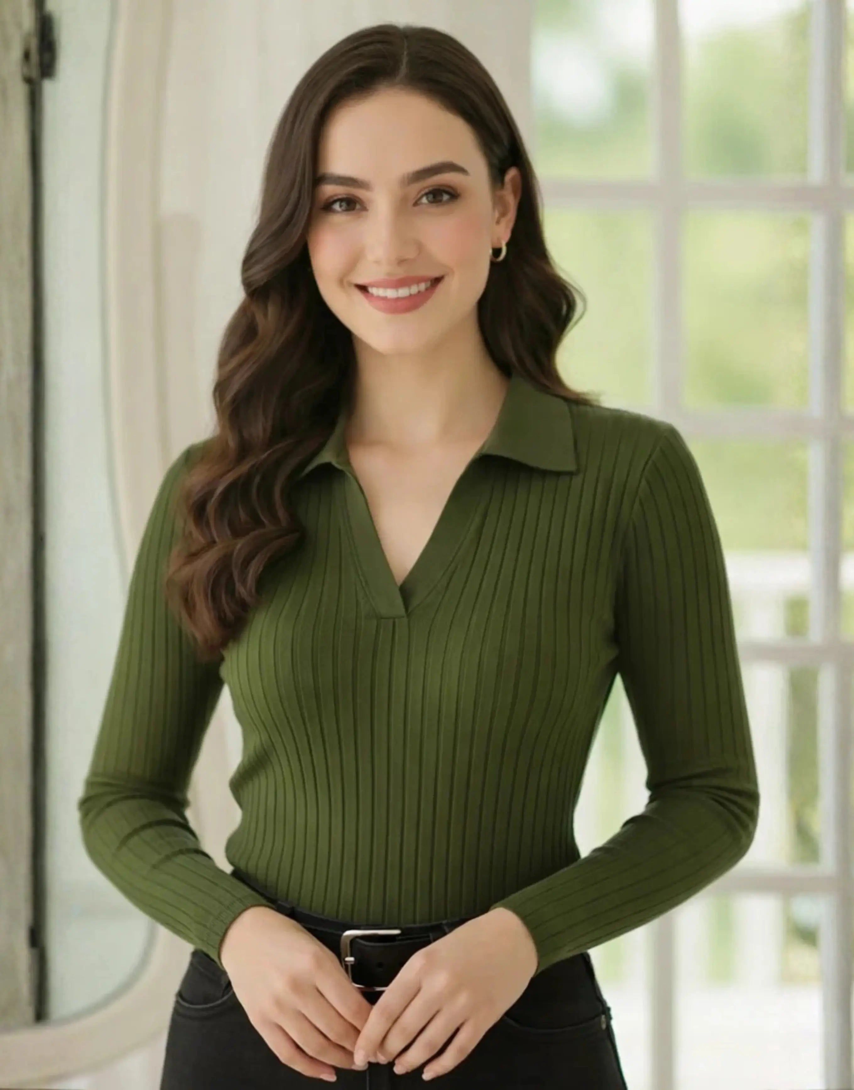 SWG Olive Green Ribbed Knit Polo - Full Sleeves