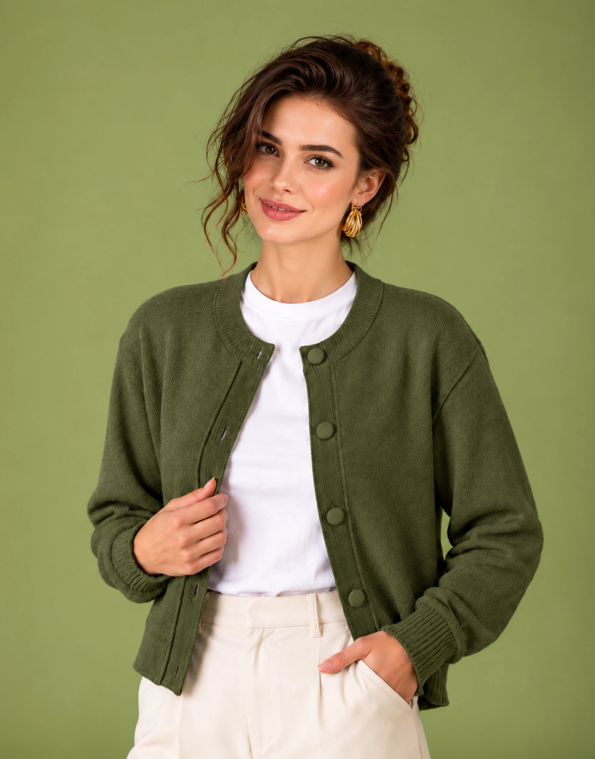 SGW Olive Green Women’s Crew-Neck Cardigan
