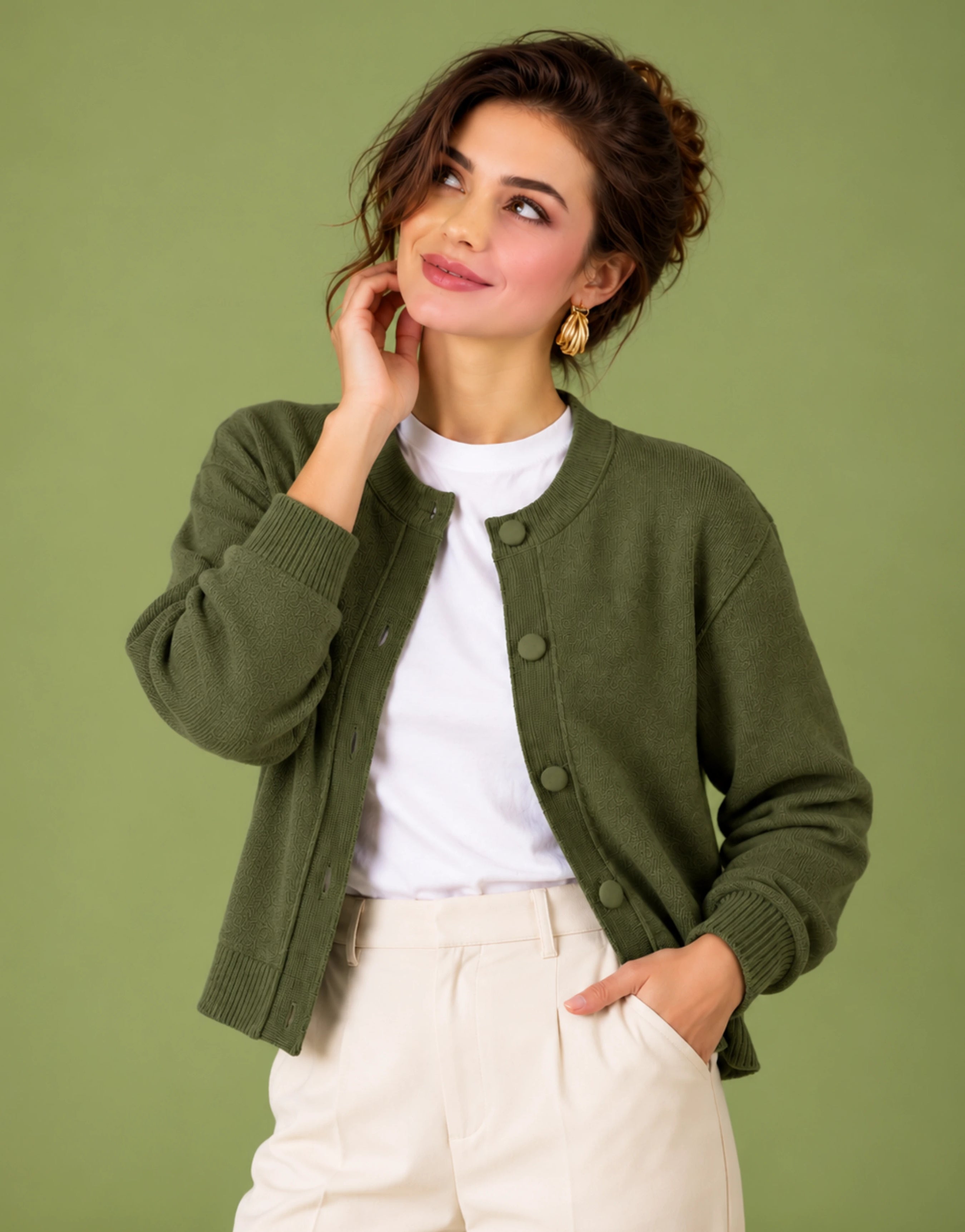 SGW Olive Green Women’s Crew-Neck Cardigan