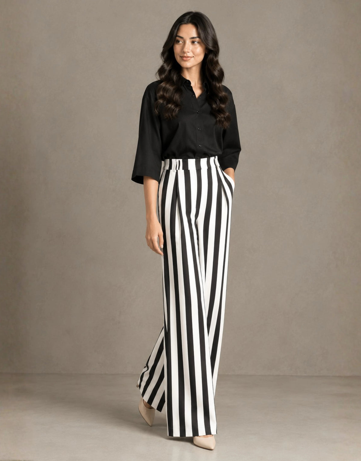 SGW White Pinstripe Tailored Wide-Leg Pants with Elastic Back Belt - SelectGraceWear
