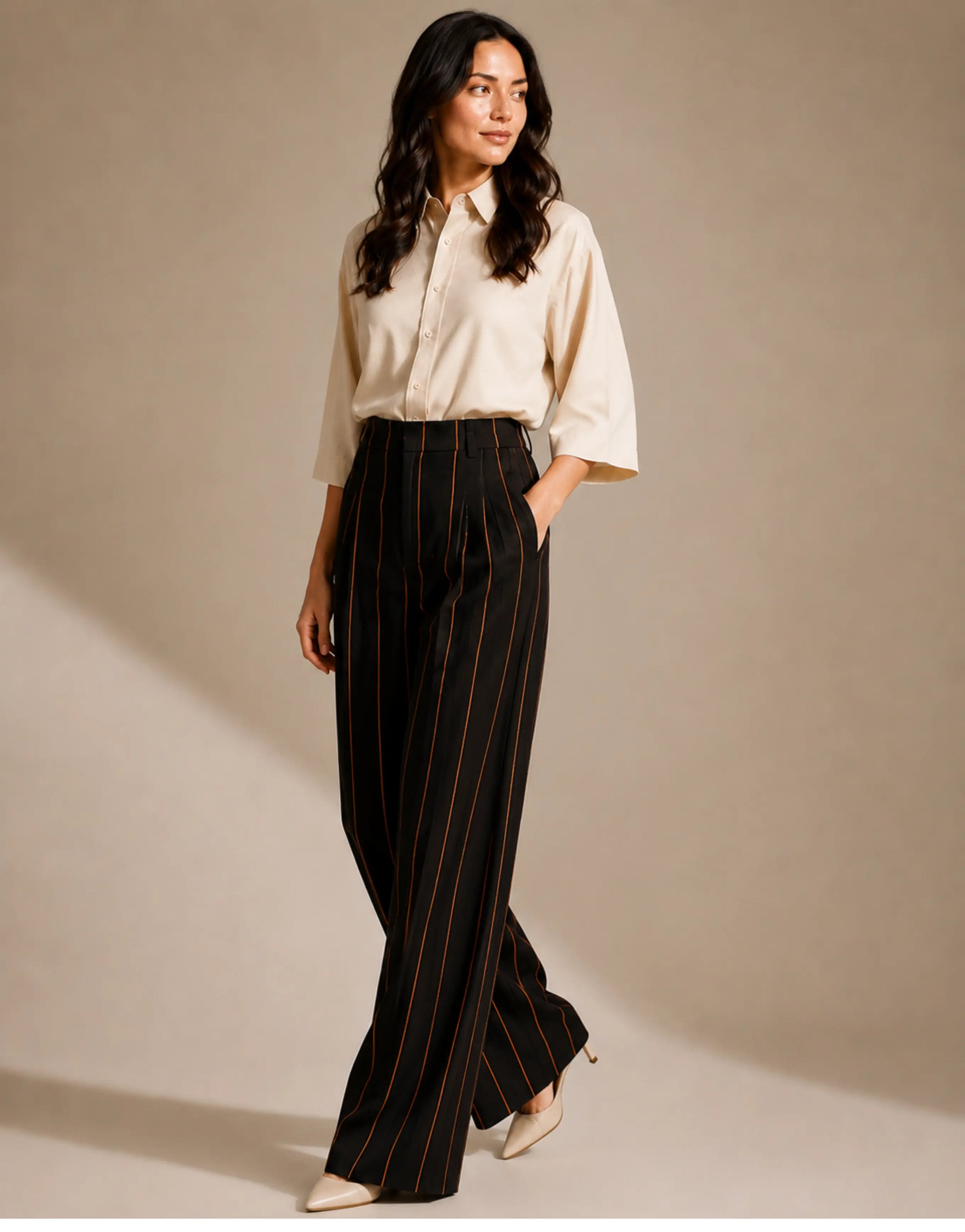 SGW Black Pinstripe Tailored Wide-Leg Pants with Elastic Back Belt
