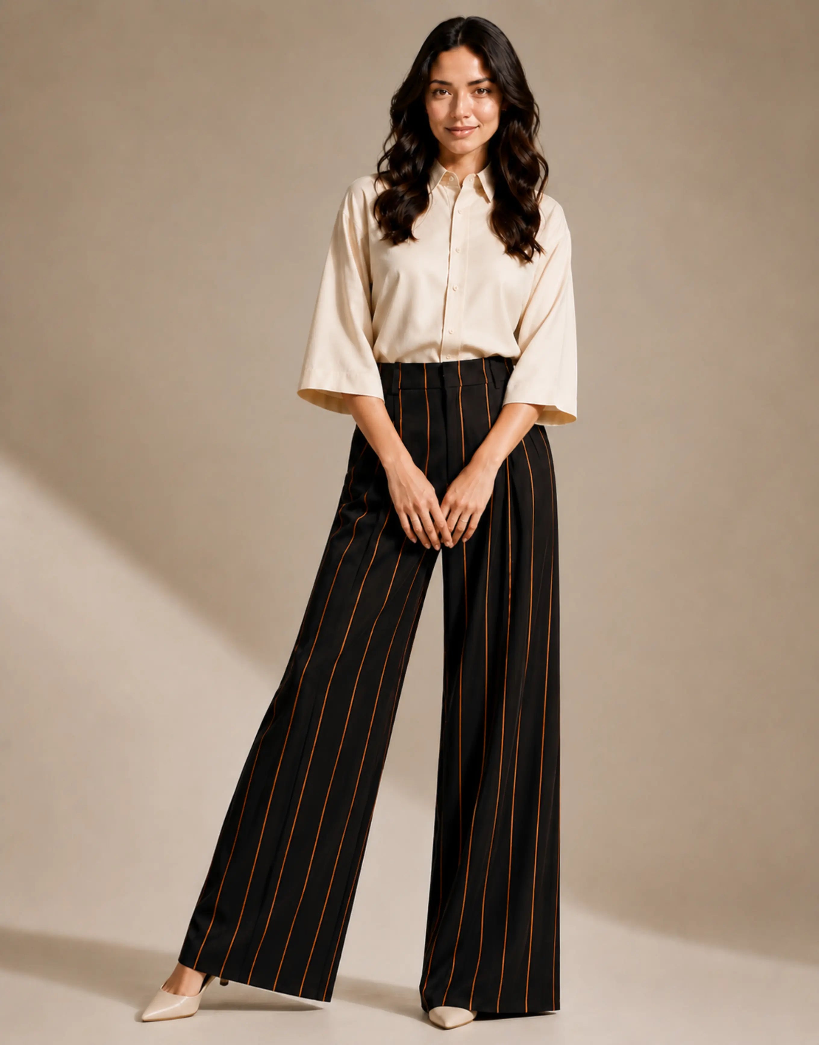 SGW Black Pinstripe Tailored Wide-Leg Pants with Elastic Back Belt