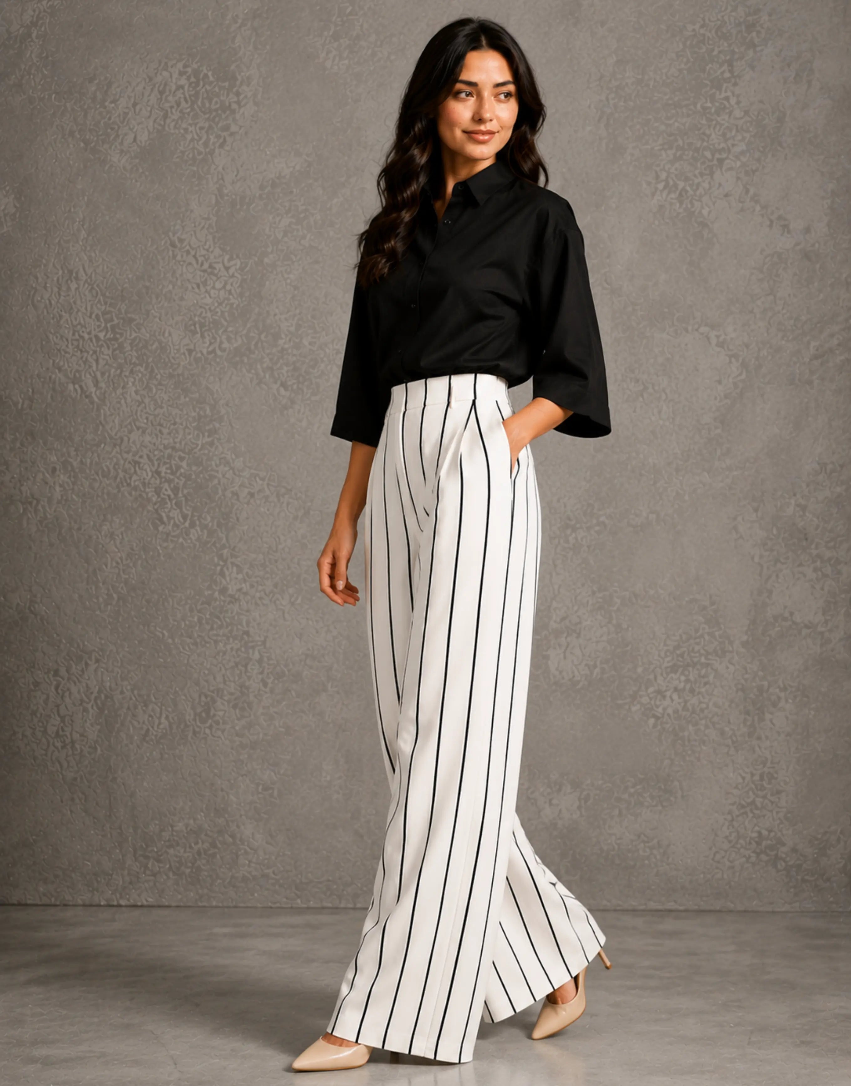 SGW White Pinstripe Tailored Wide-Leg Pants with Elastic Back Belt