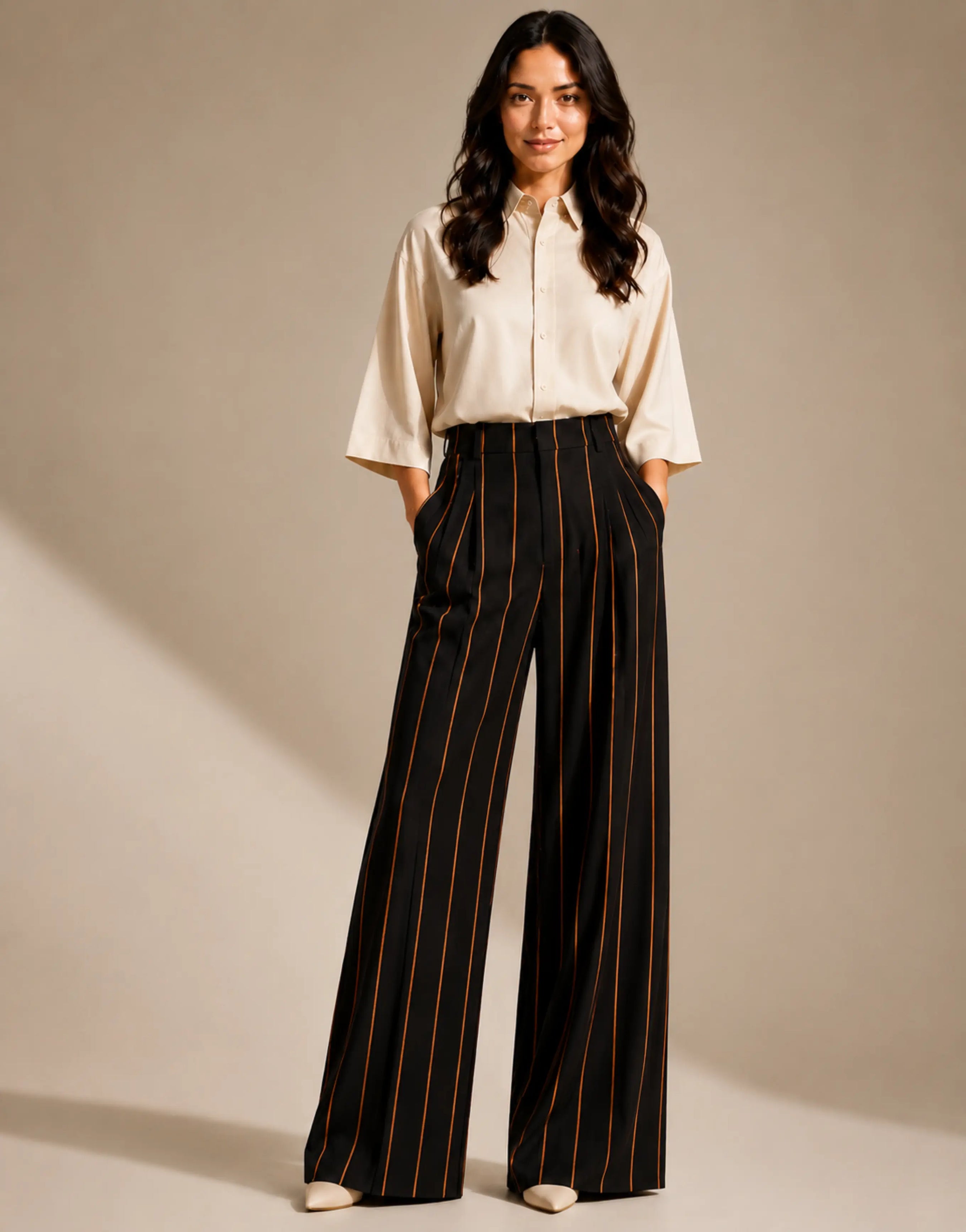 SGW Black Pinstripe Tailored Wide-Leg Pants with Elastic Back Belt