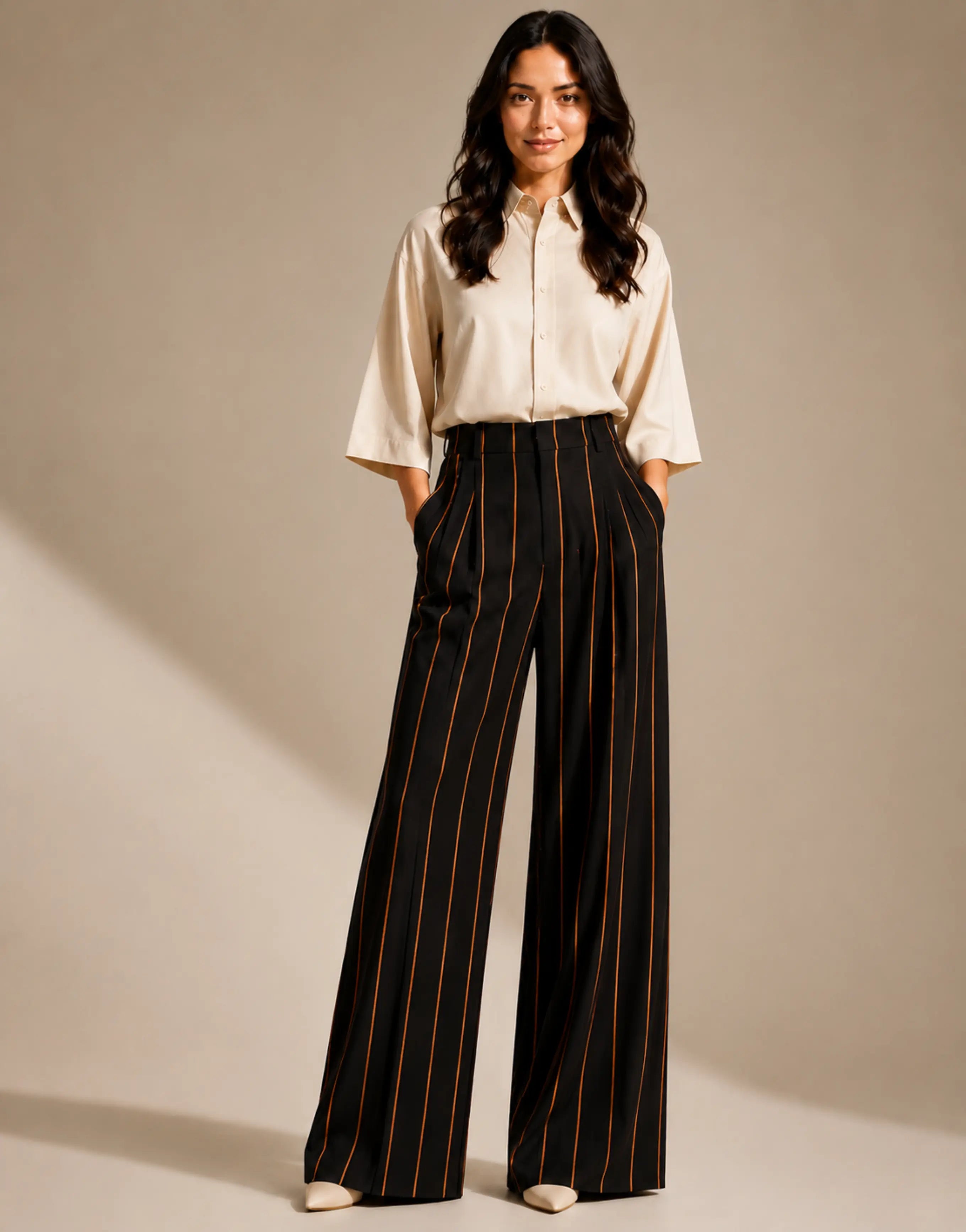 SGW Black Pinstripe Tailored Wide-Leg Pants with Elastic Back Belt