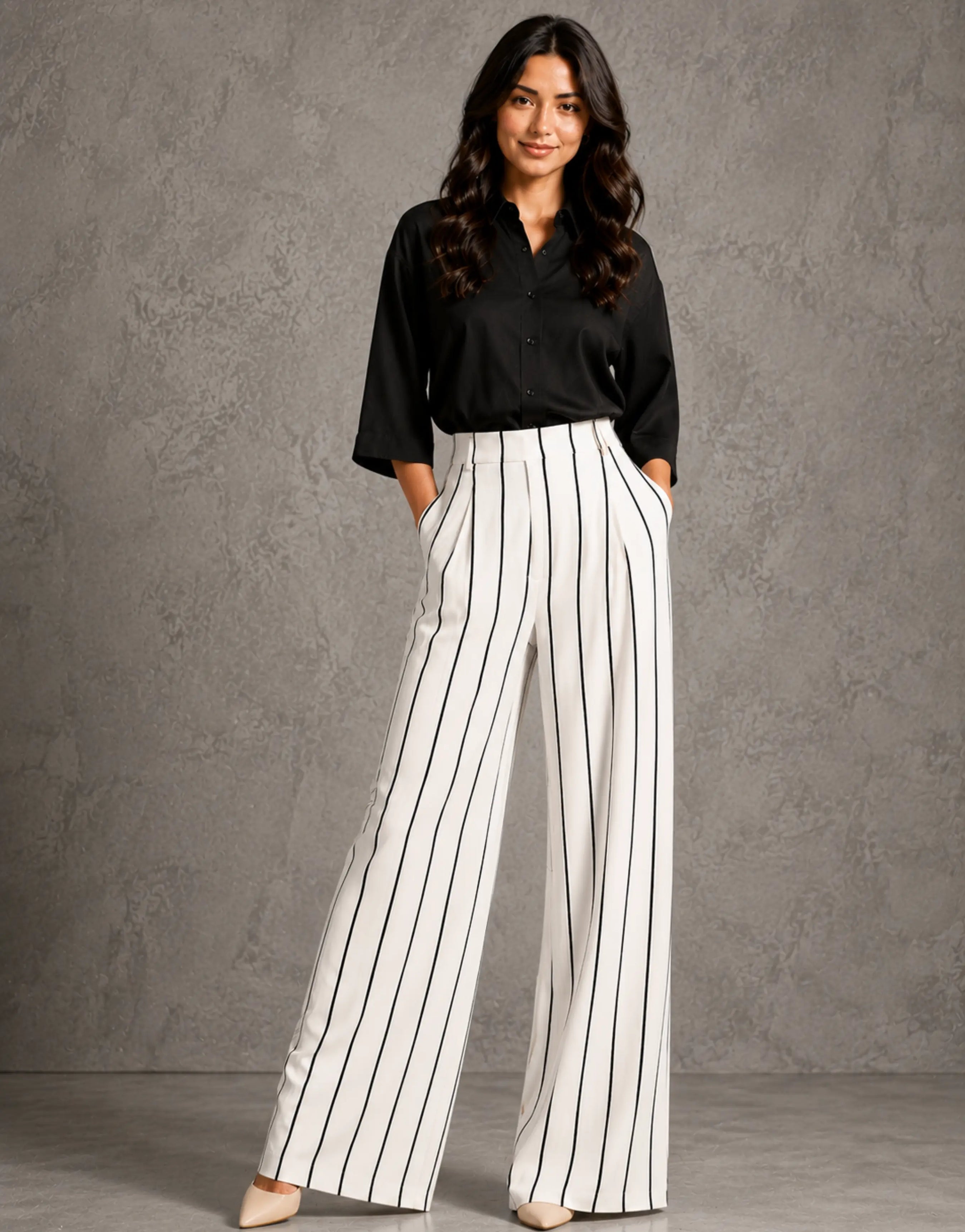 SGW White Pinstripe Tailored Wide-Leg Pants with Elastic Back Belt