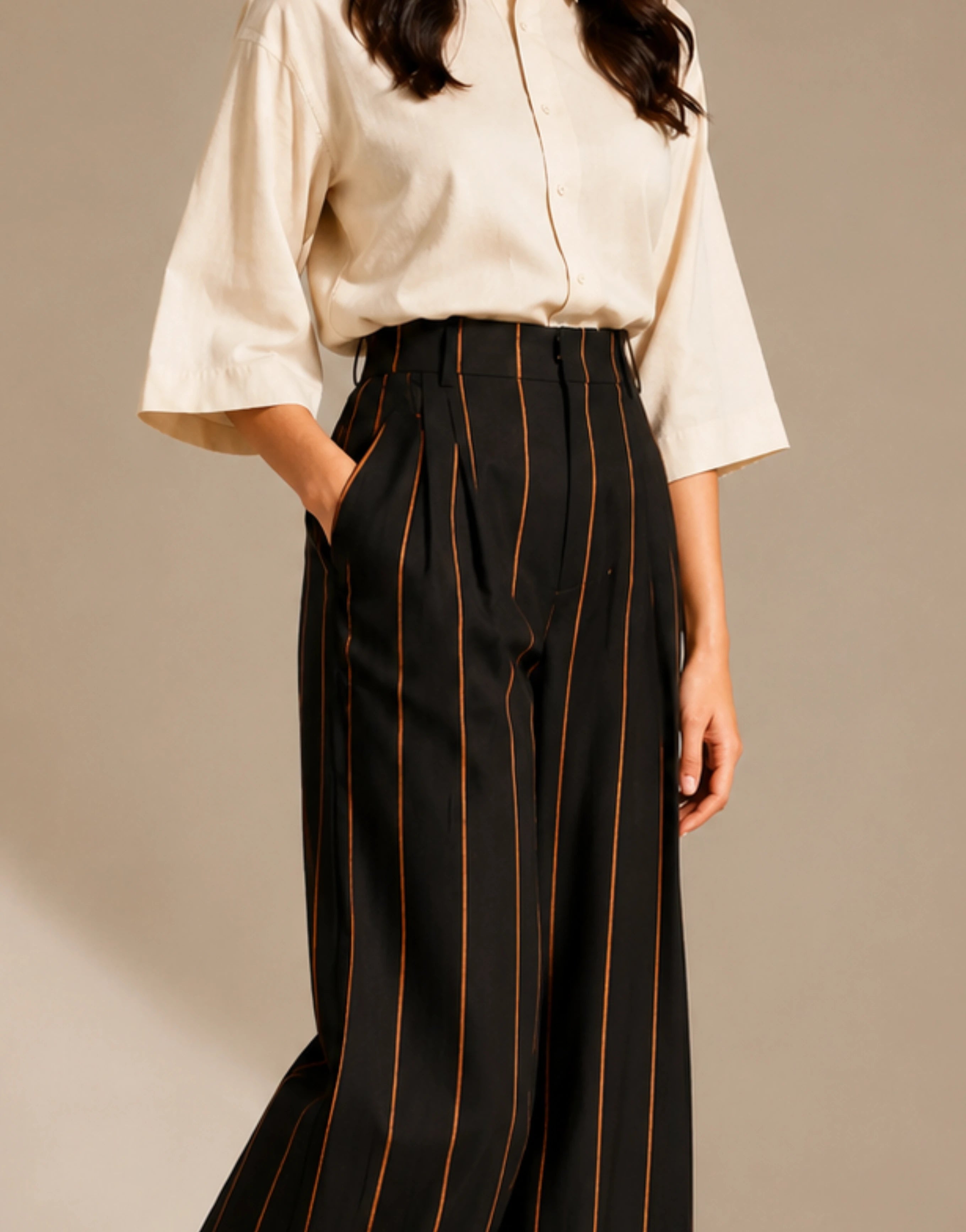 SGW Black Pinstripe Tailored Wide-Leg Pants with Elastic Back Belt