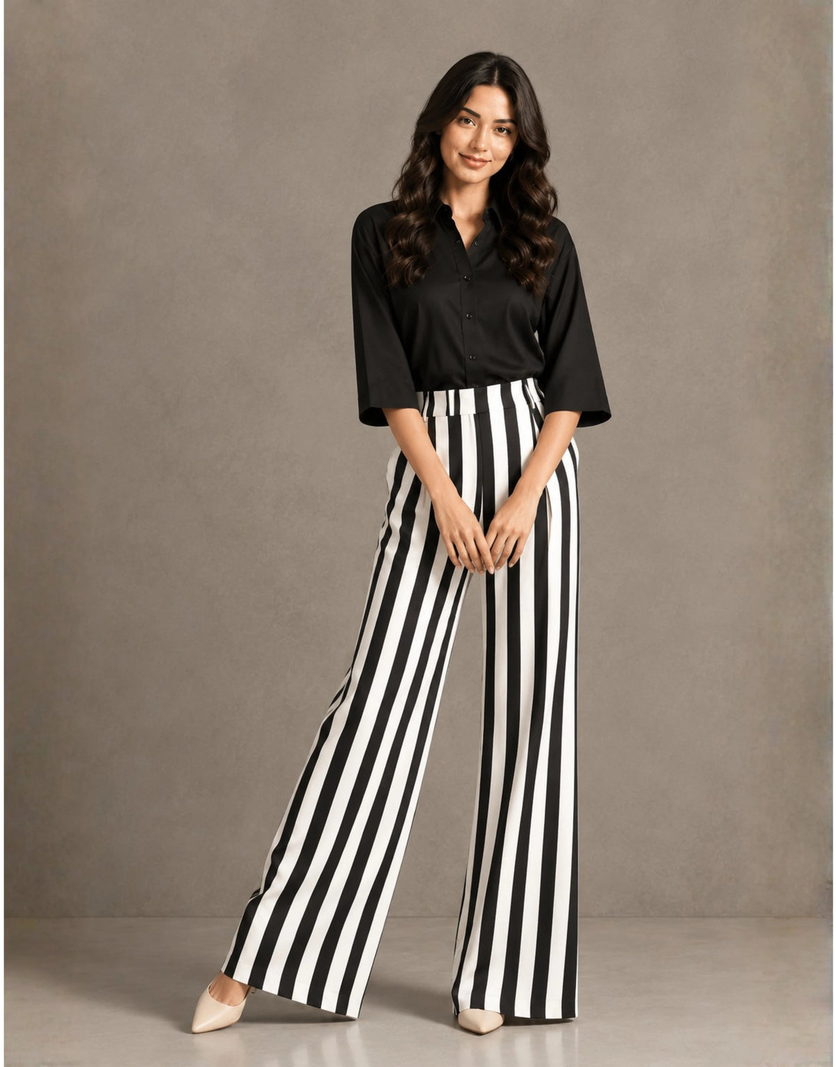 SGW White Pinstripe Tailored Wide-Leg Pants with Elastic Back Belt - SelectGraceWear