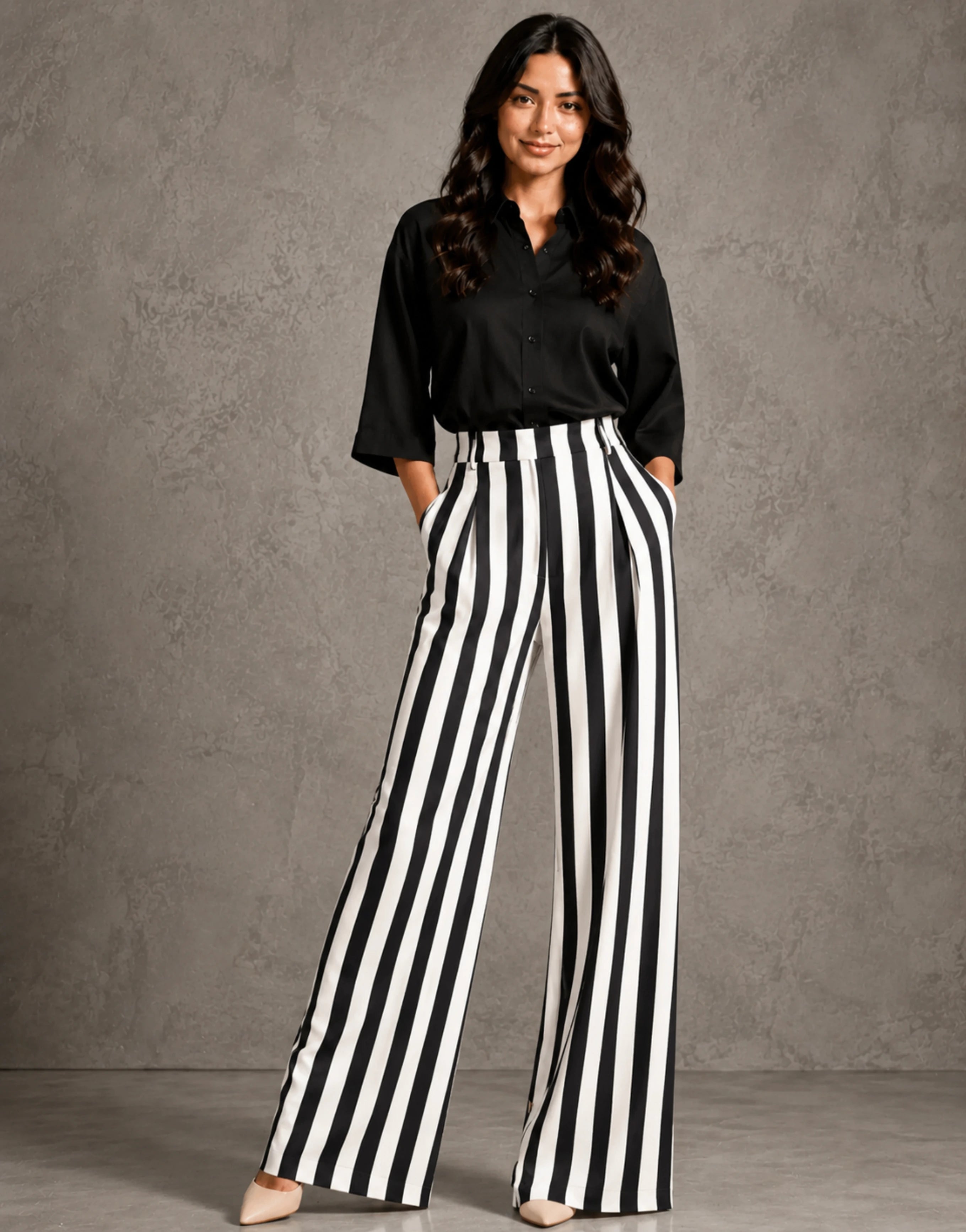 SGW White Pinstripe Tailored Wide-Leg Pants with Elastic Back Belt