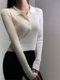 SGW White V-Neck Knit Shirt Half Button - Full Sleeves