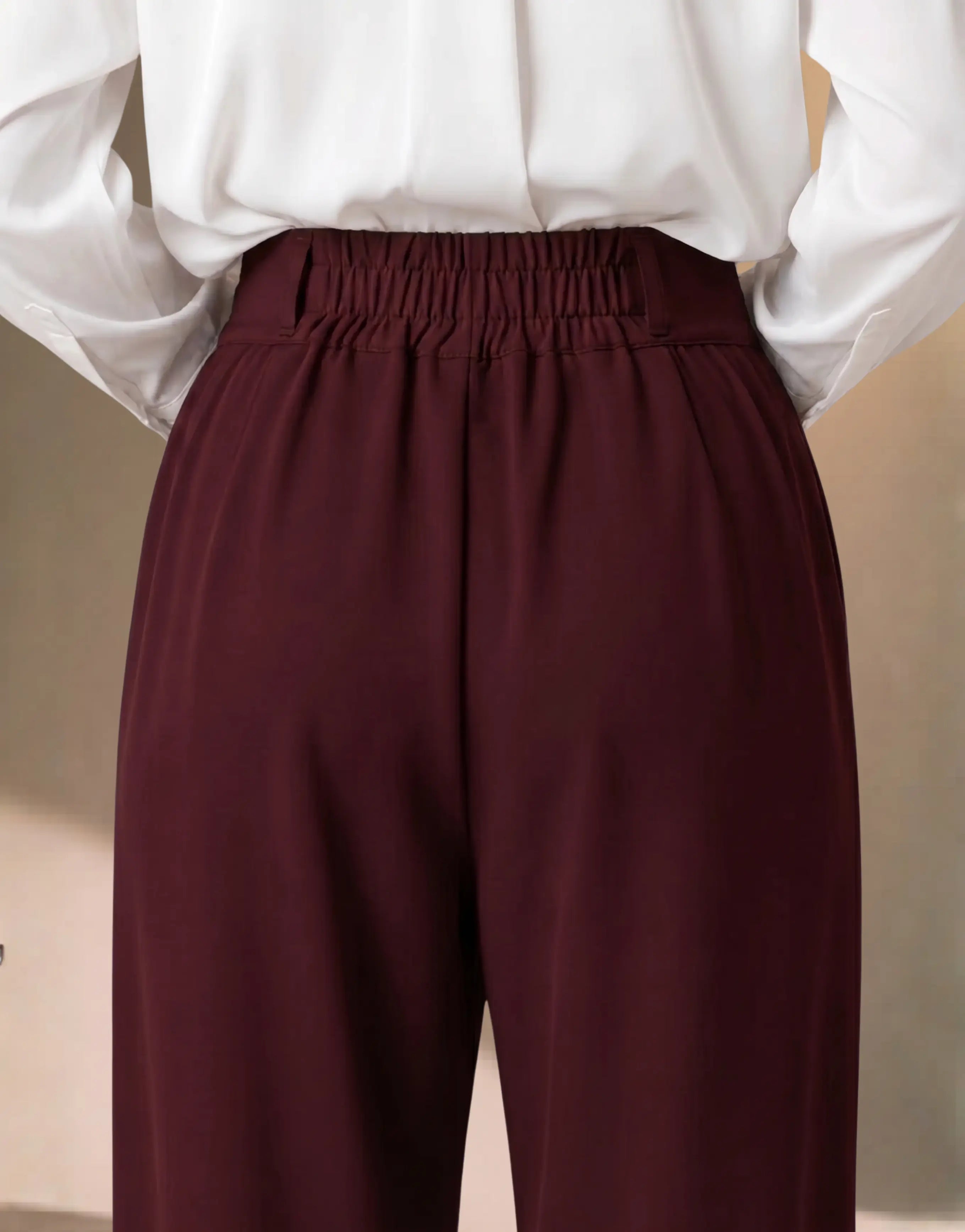 SGW Burgundy Tailored Wide-Leg Pants with Elastic Back Belt - SelectGraceWear