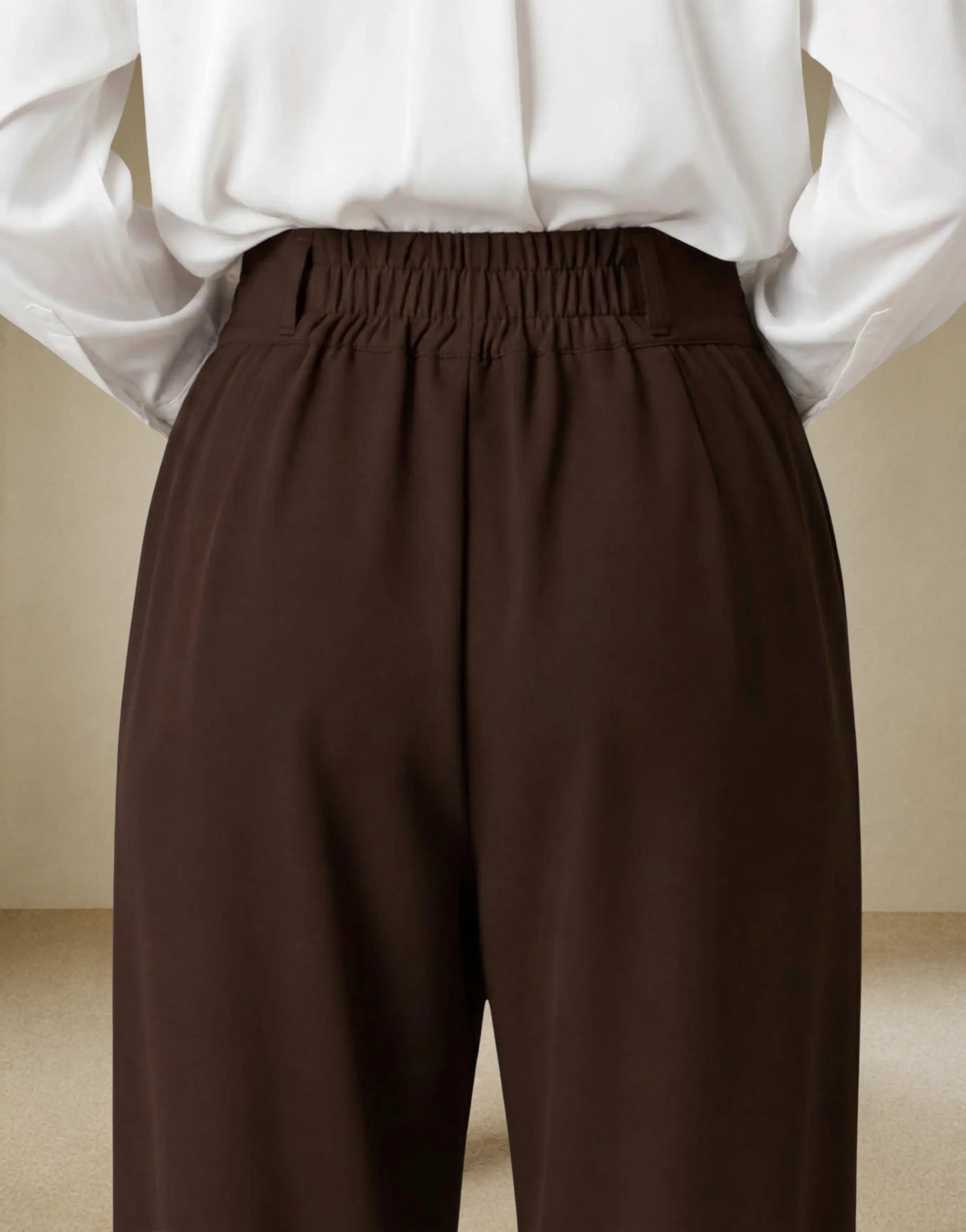 SGW Mocha Brown Tailored Wide-Leg Pants with Elastic Back Belt - SelectGraceWear