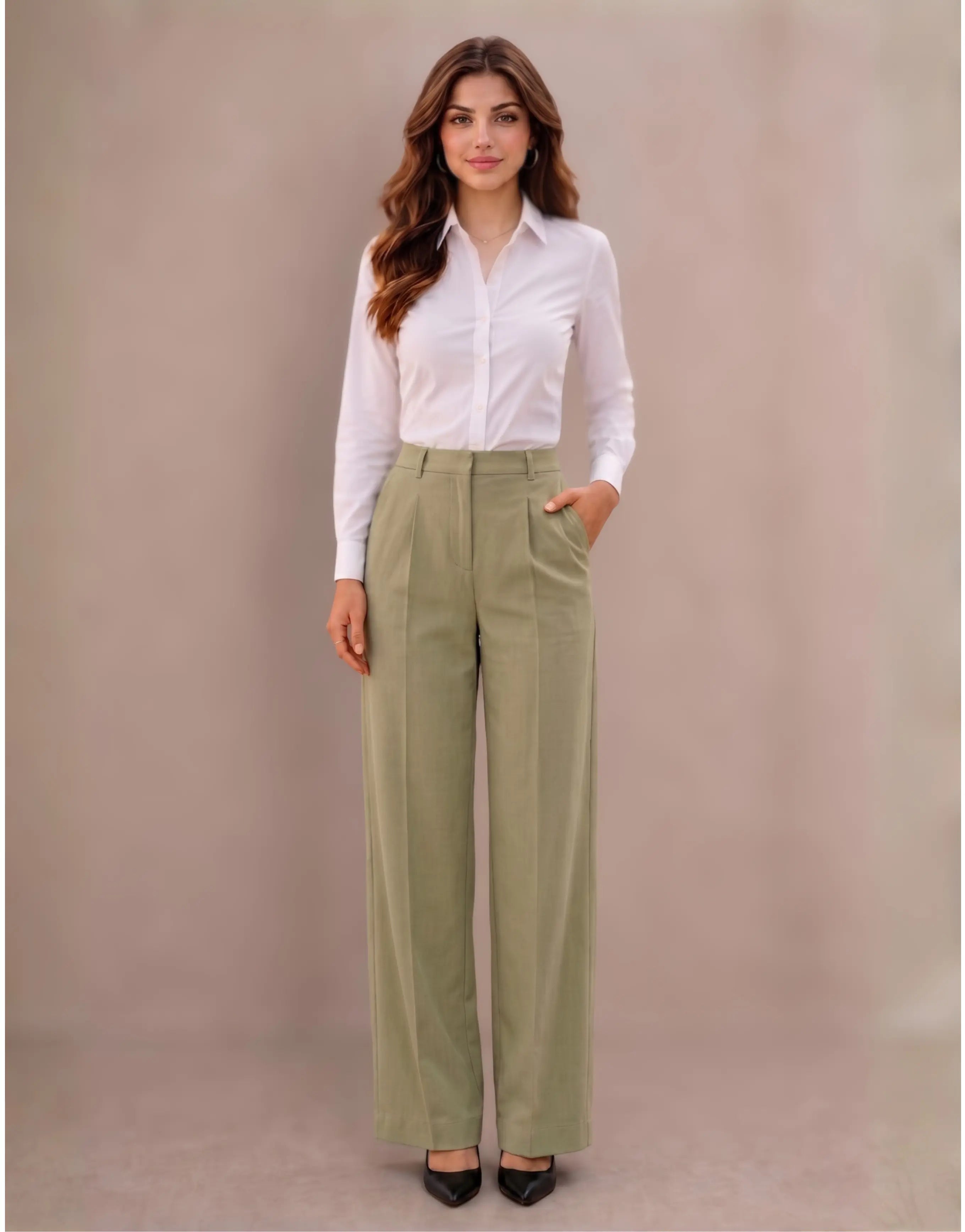 SGW Olive Green Tailored Wide-Leg Pants with Elastic Back Belt