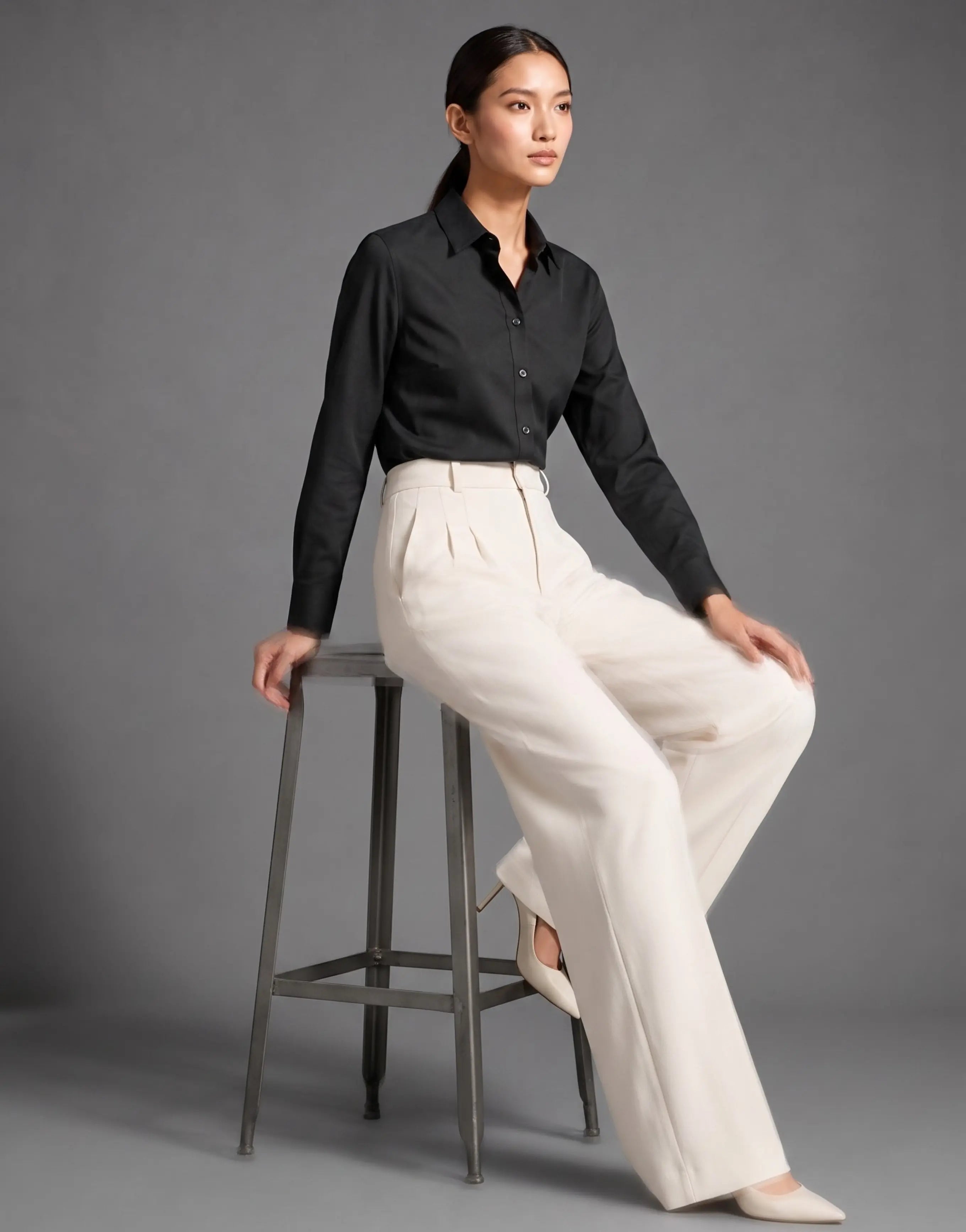 SGW Off White Tailored Wide-Leg Pants with Elastic Back Belt