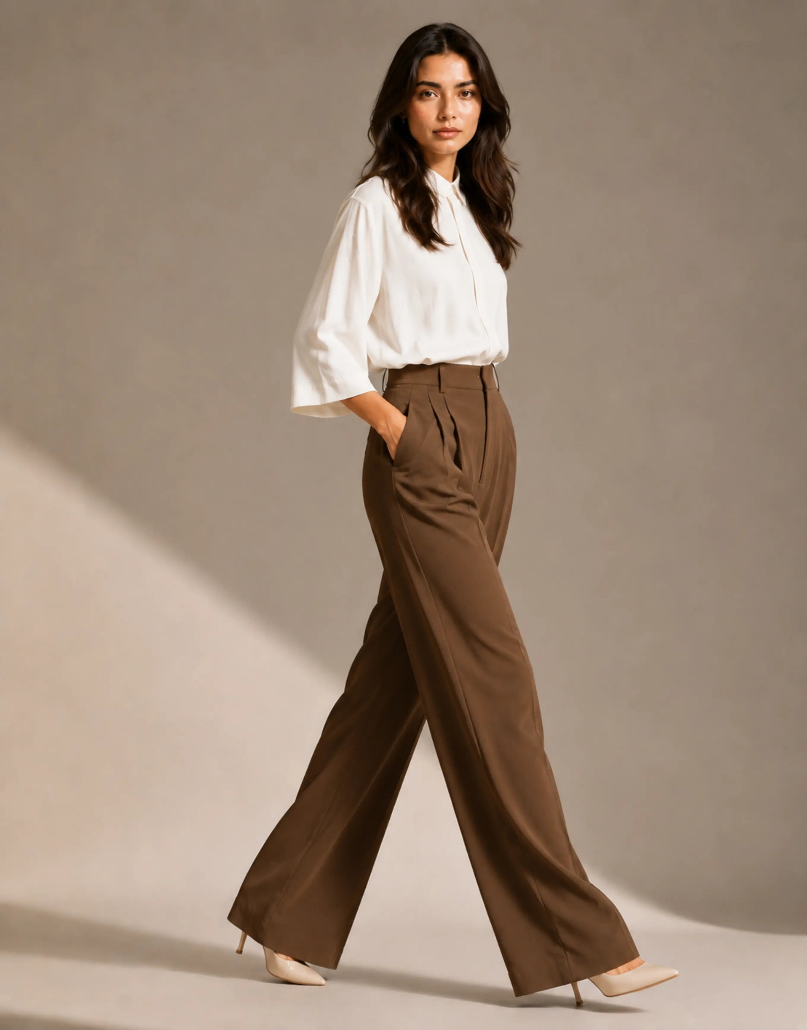SGW Earth Brown Tailored Wide-Leg Pants with Elastic Back Belt