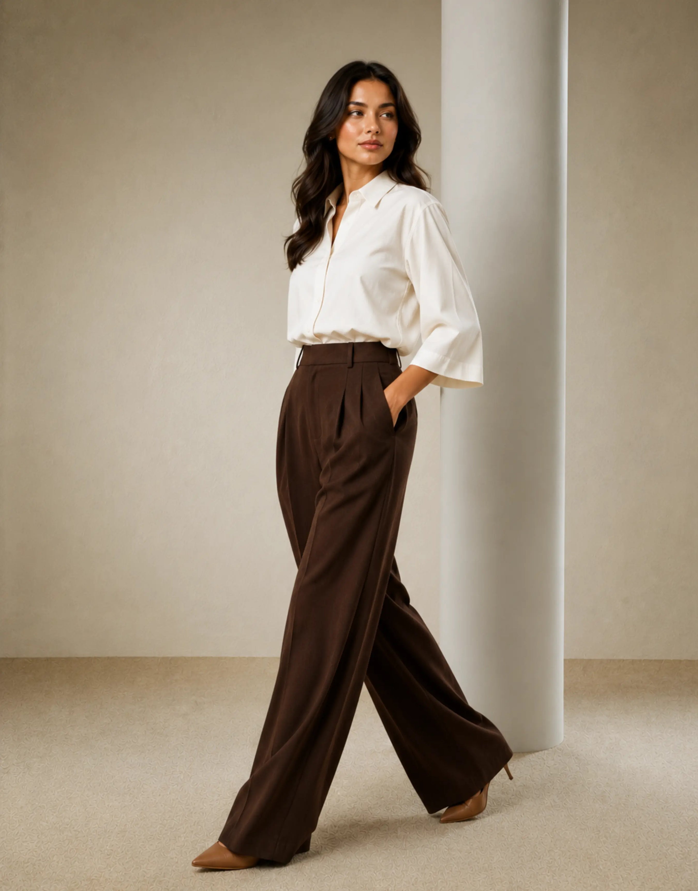 SGW Mocha Brown Tailored Wide-Leg Pants with Elastic Back Belt - SelectGraceWear