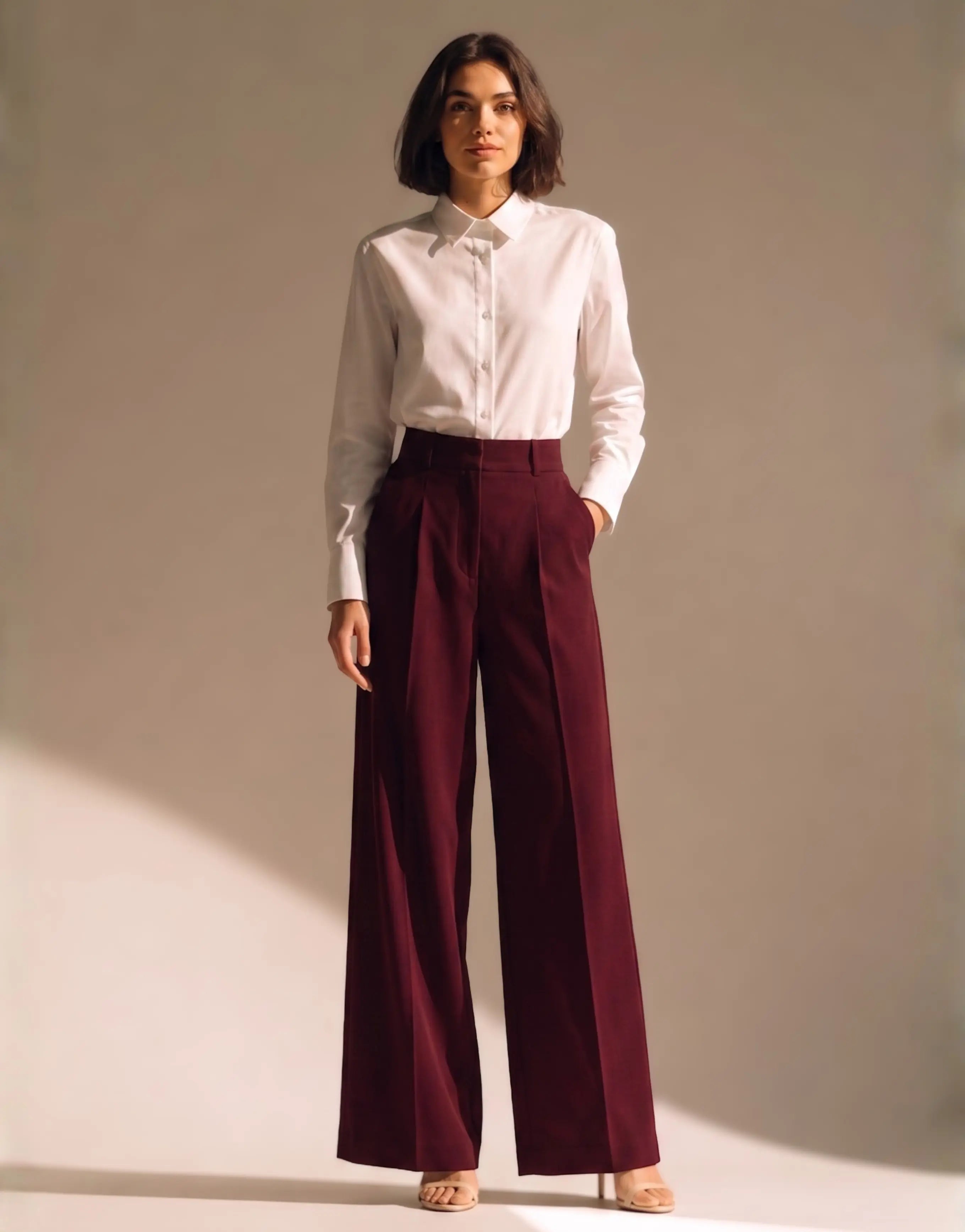 SGW Burgundy Tailored Wide-Leg Pants with Elastic Back Belt