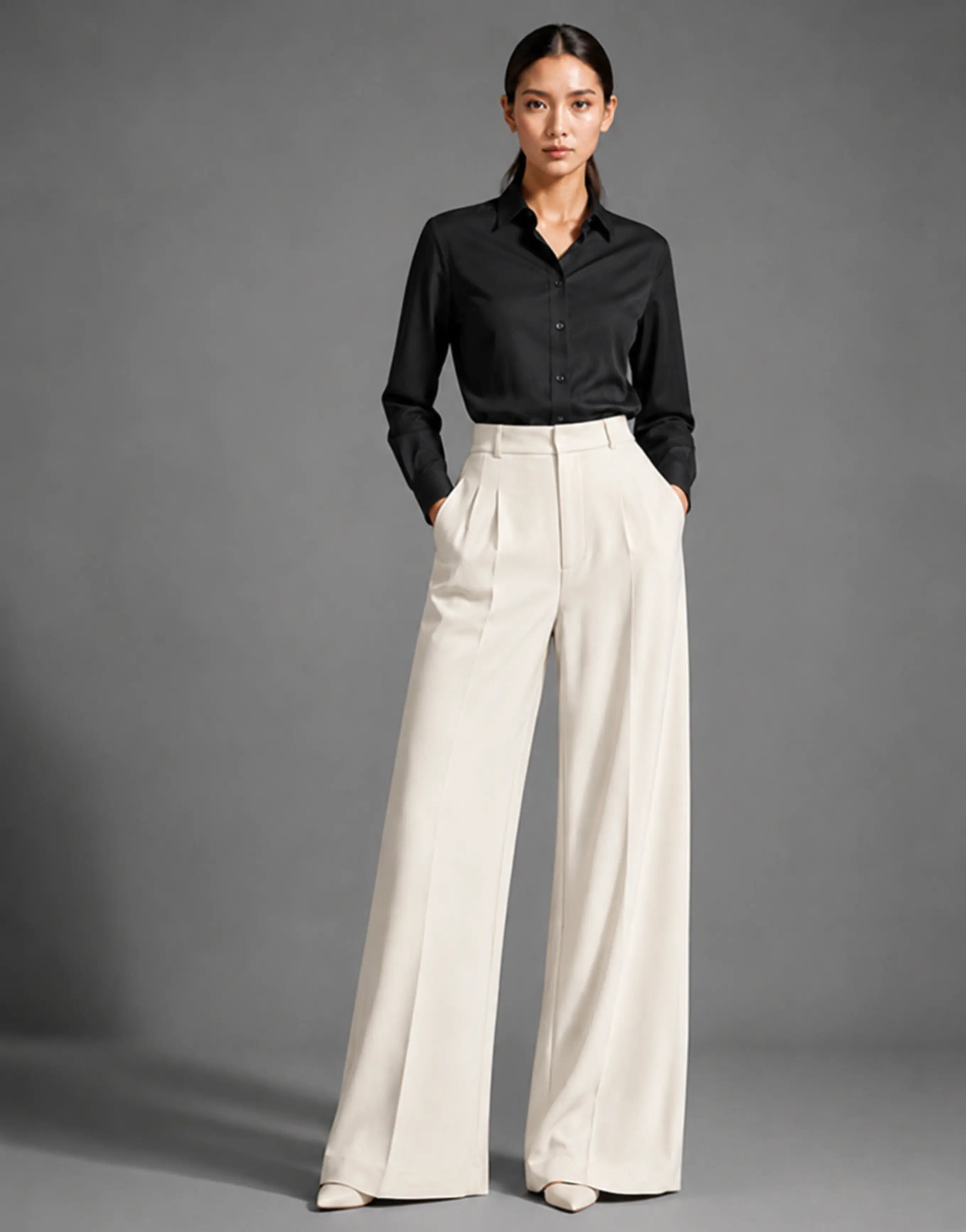 SGW Off White Tailored Wide-Leg Pants with Elastic Back Belt