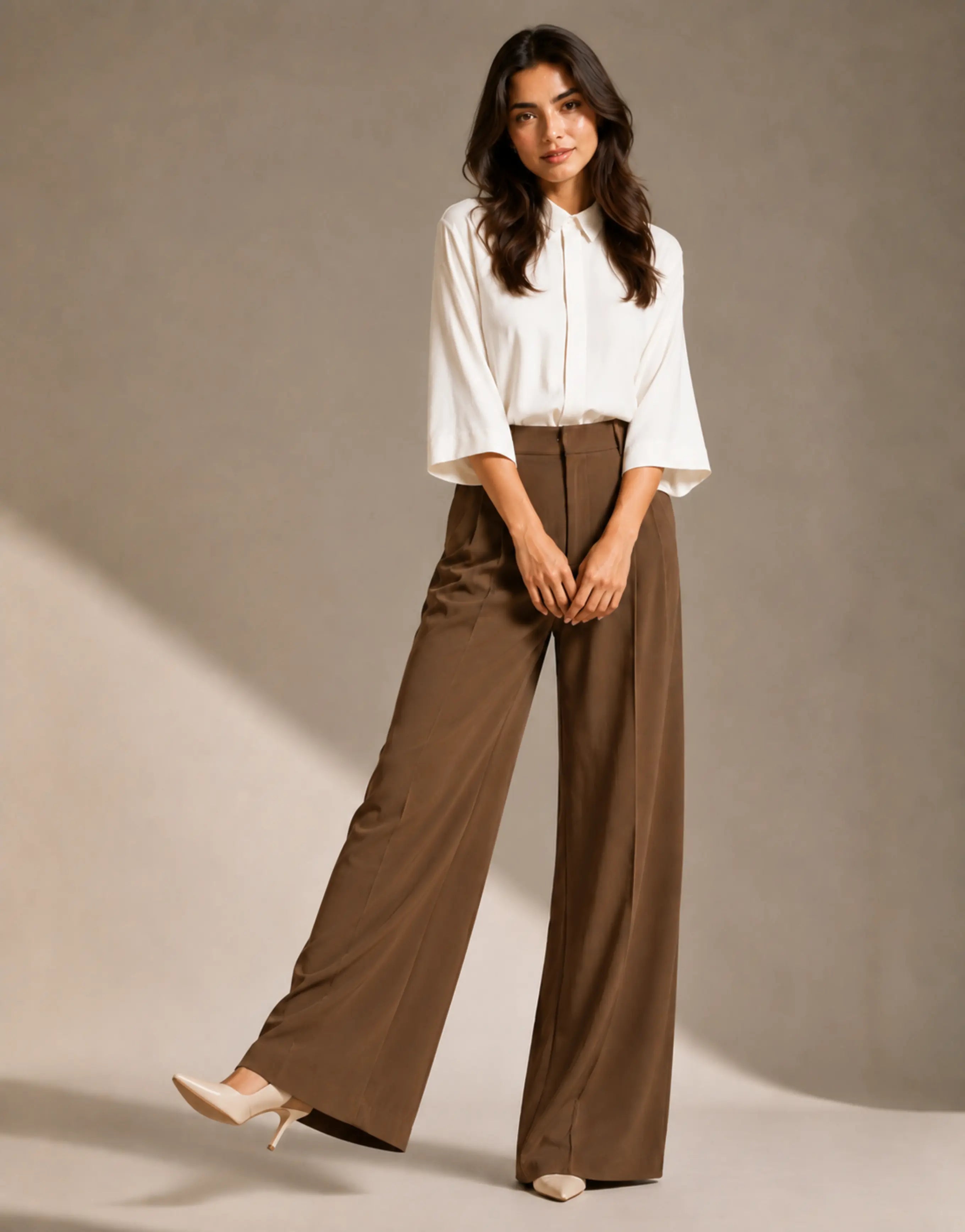 SGW Earth Brown Tailored Wide-Leg Pants with Elastic Back Belt