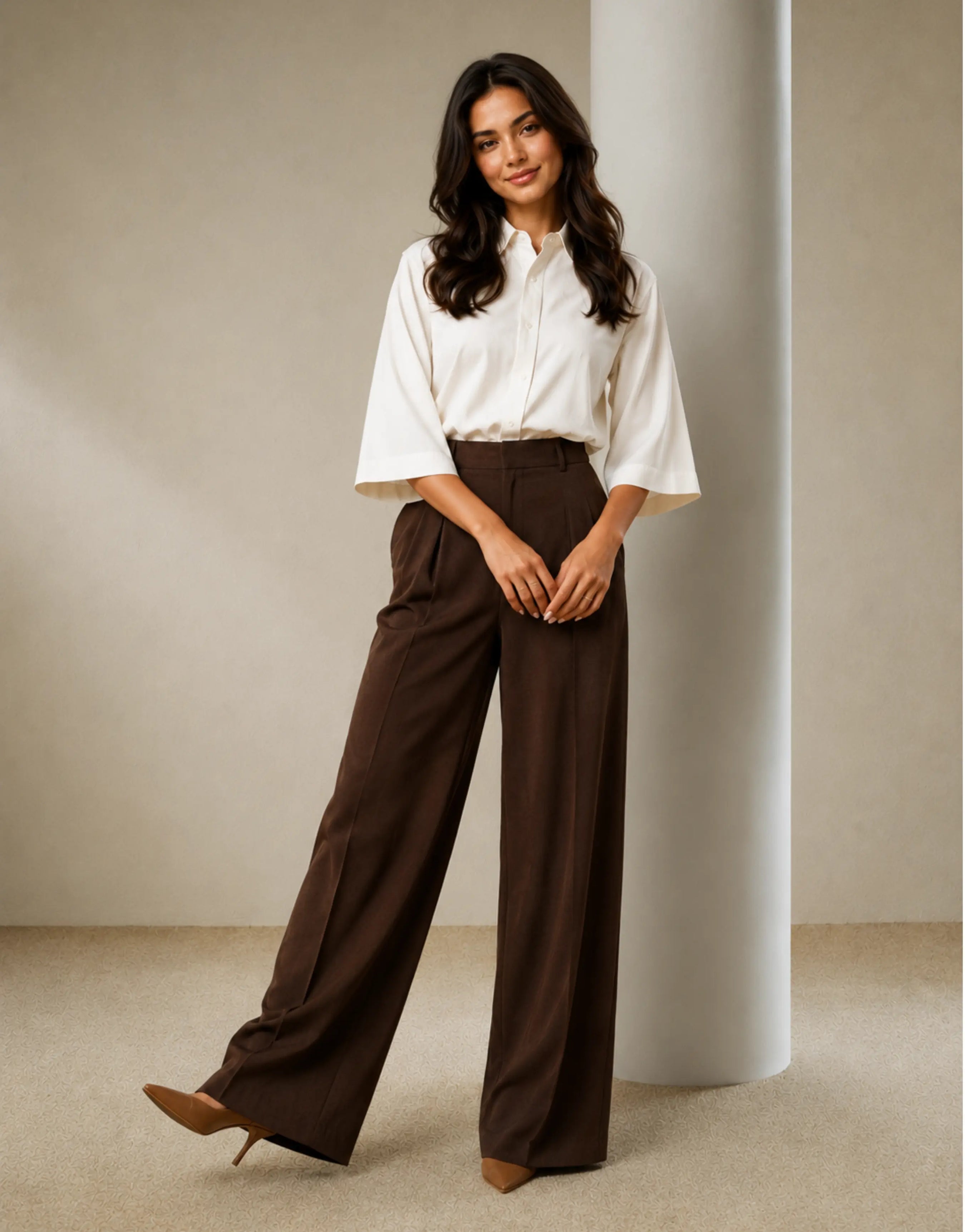 SGW Mocha Brown Tailored Wide-Leg Pants with Elastic Back Belt - SelectGraceWear