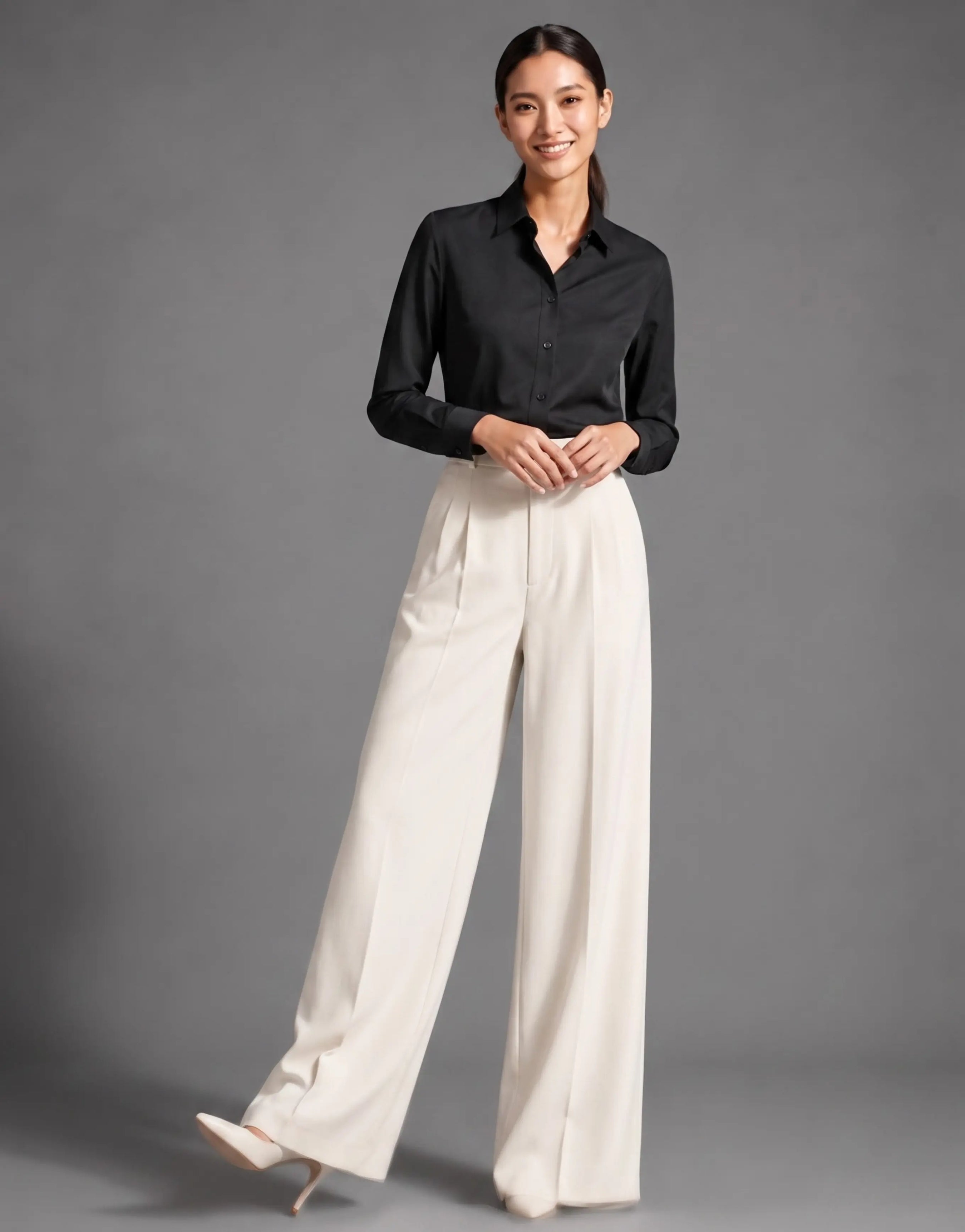 SGW Off White Tailored Wide-Leg Pants with Elastic Back Belt